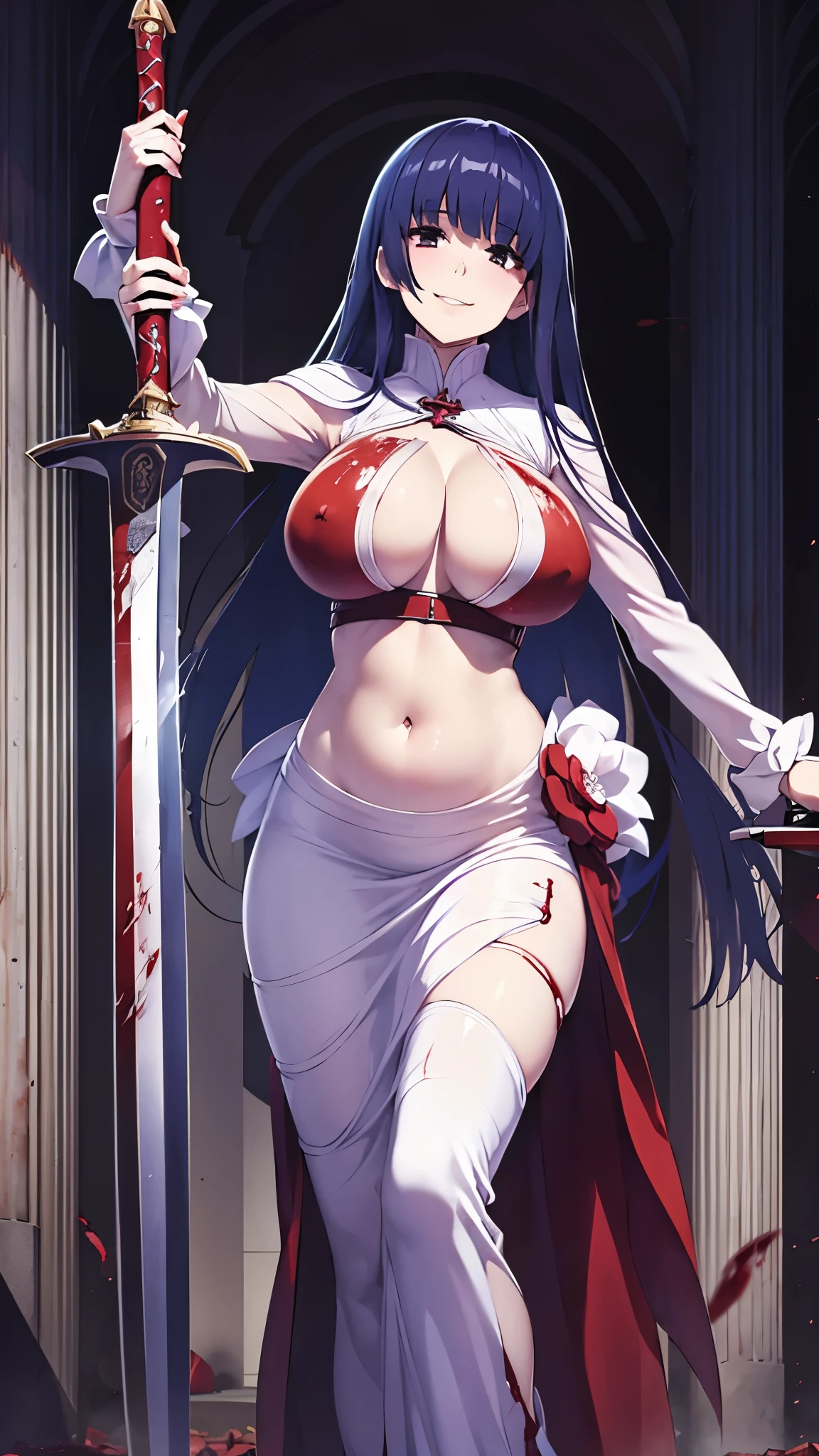 ((masterpiece)), ((best quality)), ((full colored)), beautiful girl, curvy, tall, belly button, big breasts, femdom, slaughter, bloody white dress, Blood on the body, Bloody, Blood on the belly button, Blood on the belly, Blood on the breasts, tall, bloody knife, bloody sword, war, fight, kill, Behead, shot from below, sensual, Blood on the breasts, smile, spattered by much blood, having a big bloody sword, reflecting blood on the whole body, looking down on me, massaging breasts, getting excited sexially, kill everyone, blood splatter, cruel, background with battlefield