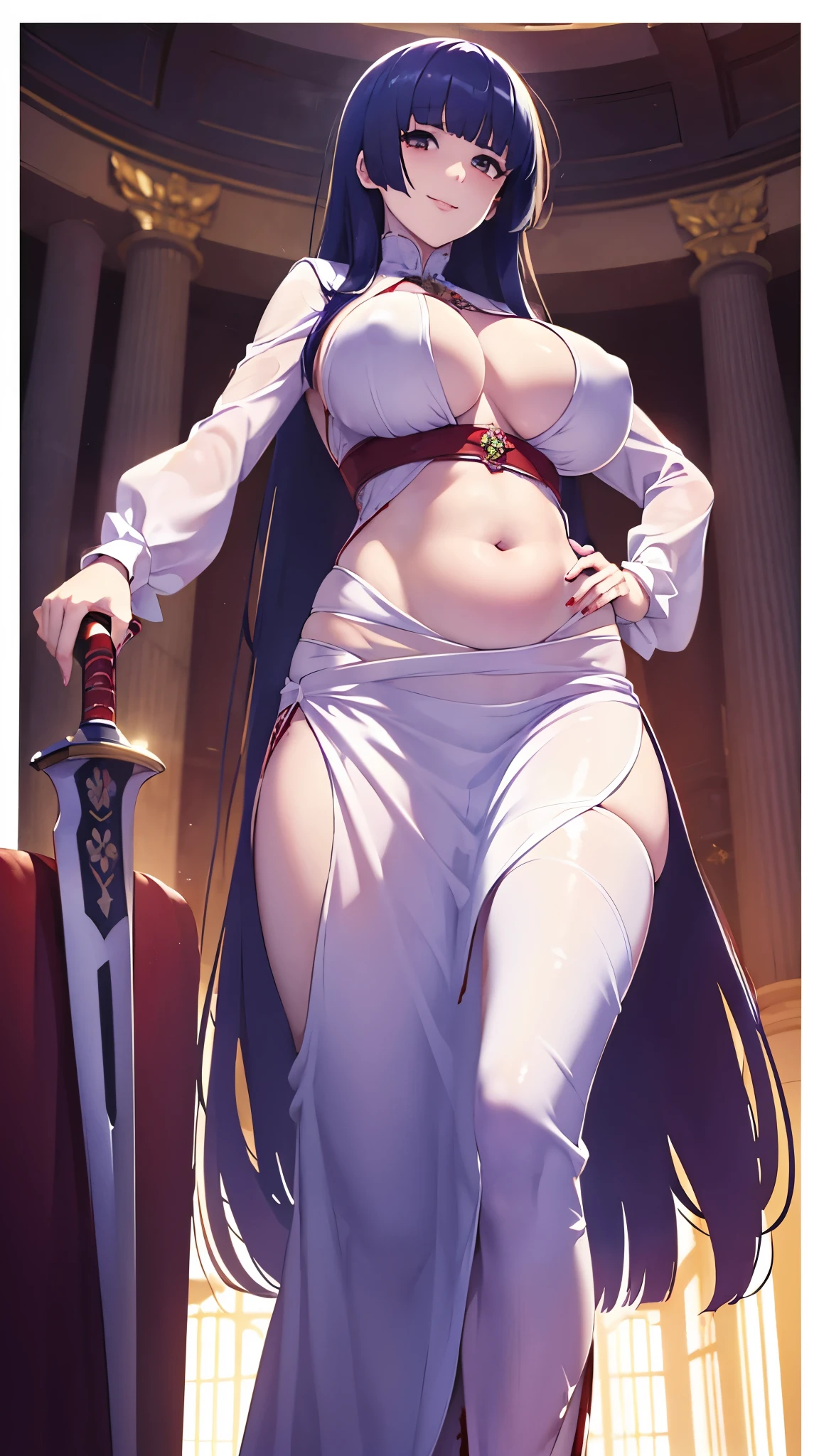 ((masterpiece)), ((best quality)), ((full colored)), beautiful girl, curvy, tall, belly button, big breasts, femdom, slaughter, bloody white dress, Blood on the body, Bloody, Blood on the belly button, Blood on the belly, Blood on the breasts, tall, bloody knife, bloody sword, war, fight, kill, Behead, shot from below, sensual, Blood on the breasts, smile, spattered by much blood, having a big bloody sword, reflecting blood on the whole body, looking down on me, massaging breasts, getting excited sexially, kill everyone, blood splatter, cruel, background with battlefield, cut off head of soldier