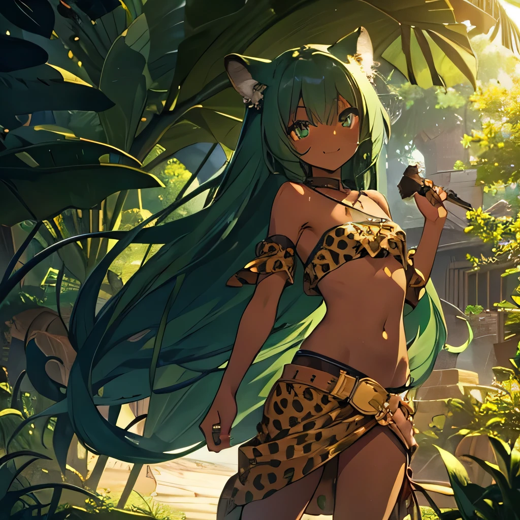 fantasy, cheetah tube top, long dark green hair, feral, flat, dark-skinned, cheerful, happy, bare shoulder