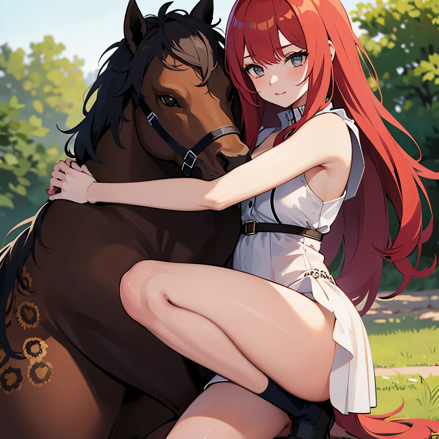 girl and shredded leopard horse Red medium hair hug
