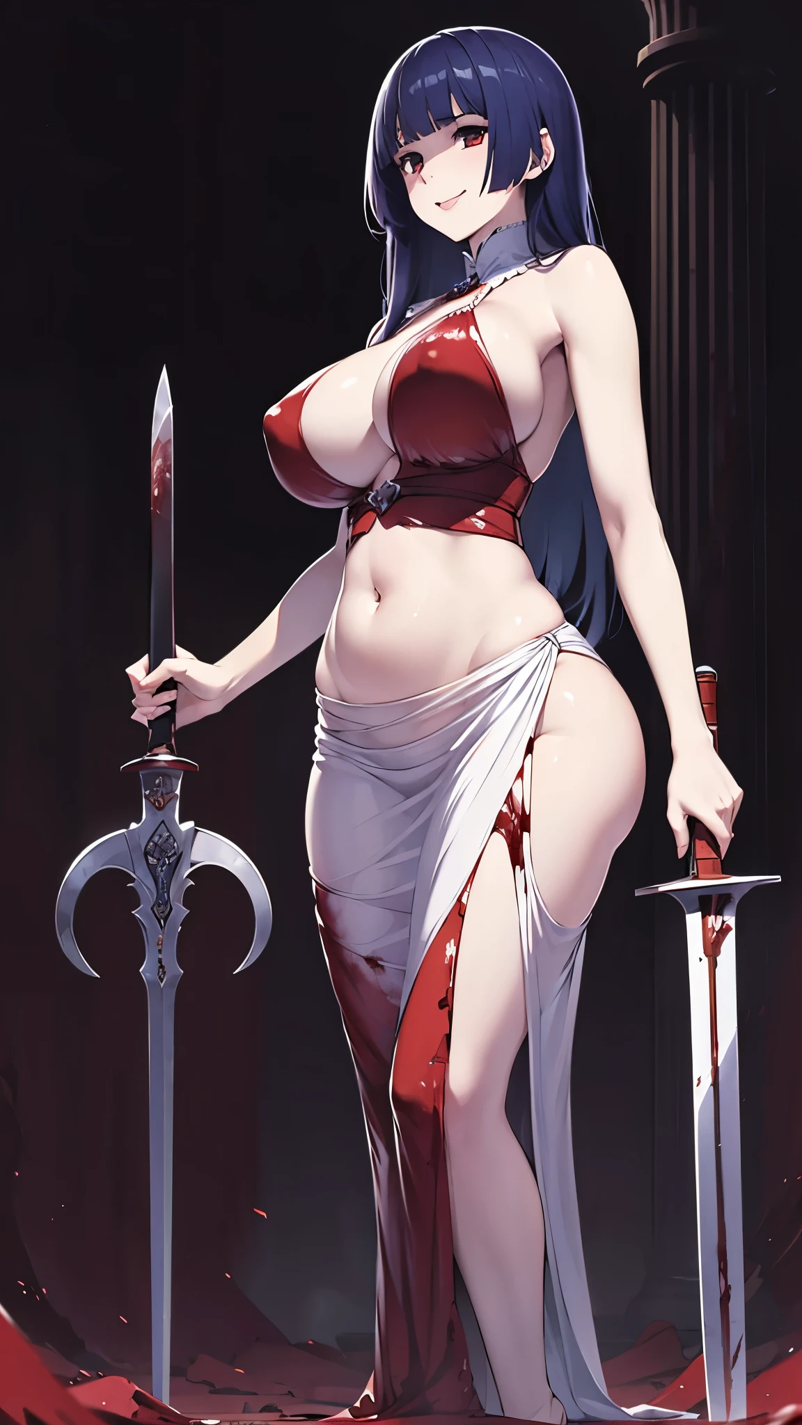 ((masterpiece)), ((best quality)), ((full colored)), beautiful girl, curvy, tall, belly button, big breasts, femdom, slaughter, bloody white dress, Blood on the body, Bloody, Blood on the belly button, much blood on the belly, Blood on the breasts, tall, bloody knife, bloody sword, war, fight, kill, Behead, shot from below, sensual, Blood on the breasts, smile, spattered by much blood, having a big bloody sword, reflecting blood on the whole body, looking down on me, massaging breasts, getting excited sexially, kill everyone, blood splatter, cruel, background with battlefield