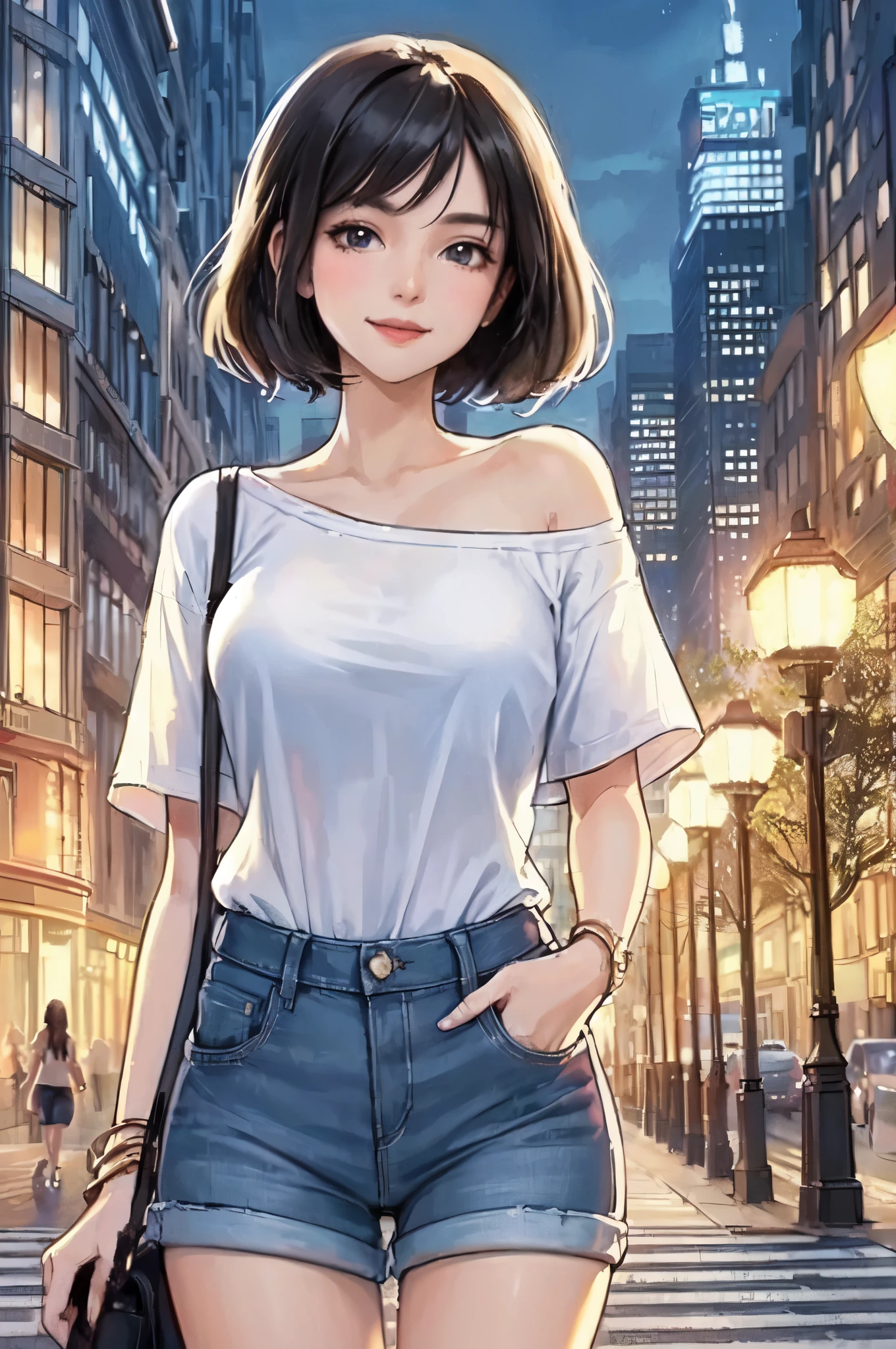 1lady solo, (strolling through city), (short white T-shirt:1.2) stylish (denim pants), mature female, /(black hair/), kind smile, (masterpiece best quality:1.2) delicate illustration ultra-detailed, large breasts, (hand in pocket) BREAK (holding designer's bag) BREAK (luxurious downtown street) outdoors, night, cityscape, detailed background