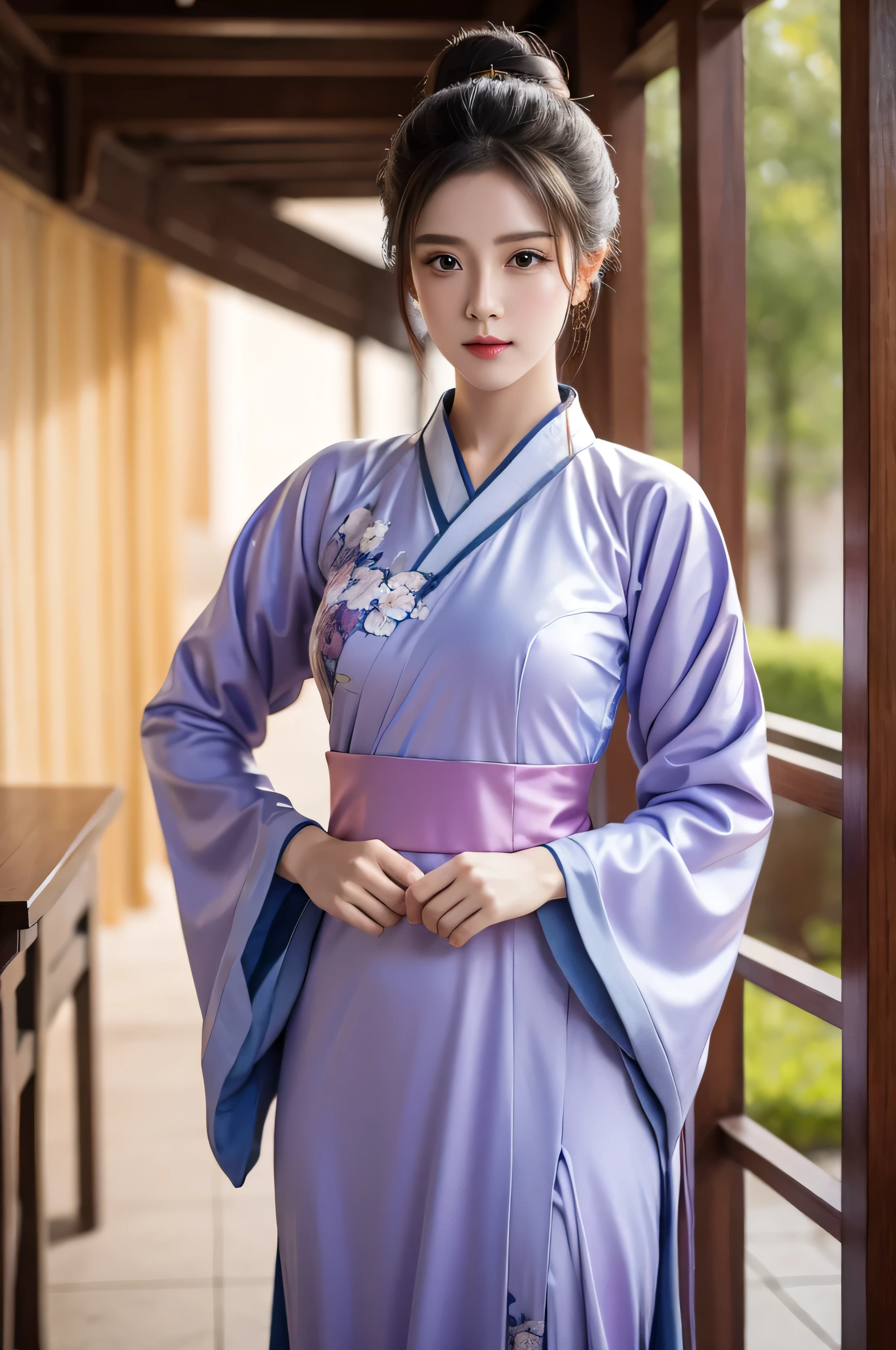 Fair, masterpiece, best quality, extremely detailed face,1 girl, alone，wrap your chest，Lilac Hanfu，whole body