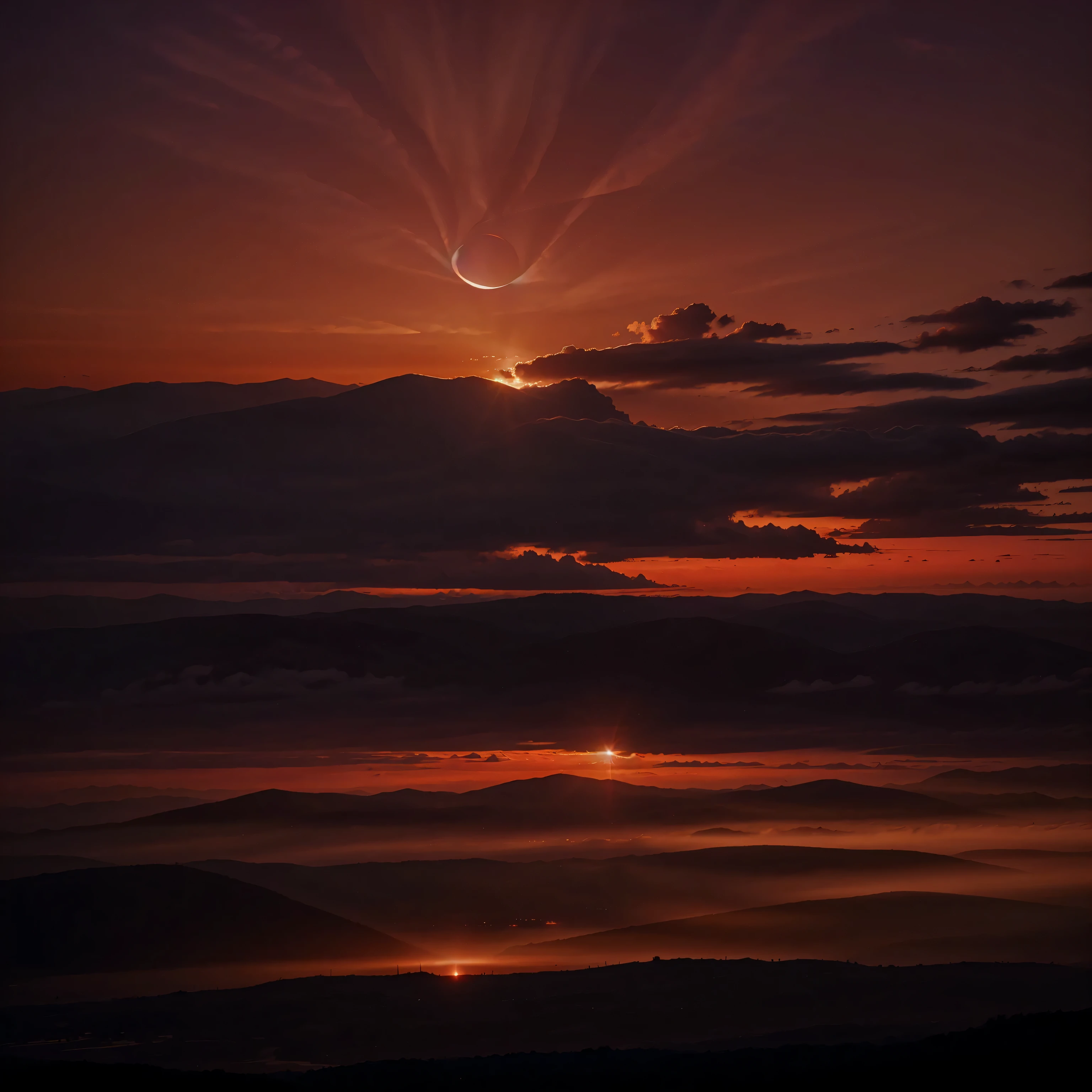 red sky solar eclipse, 4:3, realista, Only sky, tons quentes de cores, 4K 