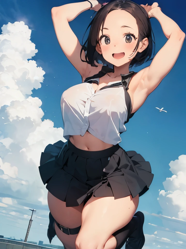 (best quality: 1.2), (masterpiece, best quality, ultra high res, 8k, perfect anatomy, extremely detailed), (extremely detailed CG unity), (1lady), solo, (abs:0.8),(27 years old:1.5),(black eyes),(dark brown hair), (bob cut), (medium breasts:1.3),(Navel exposed:1.3),full-face blush,face is turning red, (thick thighs:1.3),((collarbone)),(muscular shoulder:1.5),(sleeveless shirt:1.2), BREAK (above-the-knee skirt :1.2),(smile:1.1),(huge areola),(erection of nipple:0.5),(ecstasy:1.3), upward glance,(Forehead:1.4), impossible clothe,dynamic angle,(jumping:1.4),(flying:1.2),in the sky,show armpit