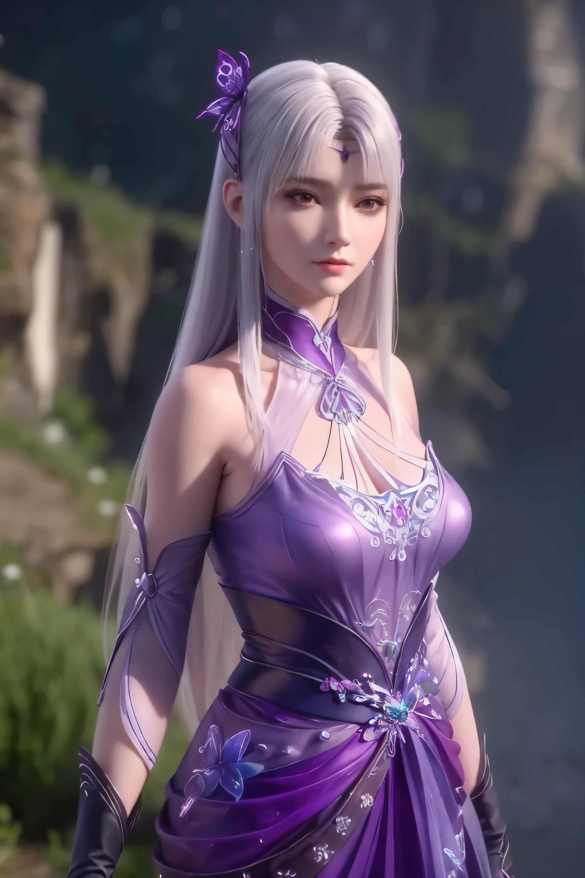 realistic, photorealistic, Masterpiece, absurdres, fine detail, HDR, detailed hand anatomy, highly detailed face and eyes, (8k, best quality, masterpiece:1.2), ultra-detailed, extremely detailed cg 8k wallpaper,fashion,(crystalstexture skin:1.2),(extremely delicate and beautiful),(masterpiece, best quality:1.2),1girl, solo, narrow waist, wide hips, (large breasts:1.2),long hair, (looking at viewer:1.2), natural lighting, fantasy, dreamlike, unreal, science fiction, detail, delicate pattern, charming, alluring, enchanting, hair ornament, fairydoctor, full body, dream, purple butterflies, glowing butterflies, sexy pose, night, (neon butterflies:1.1), purple neon butterflies