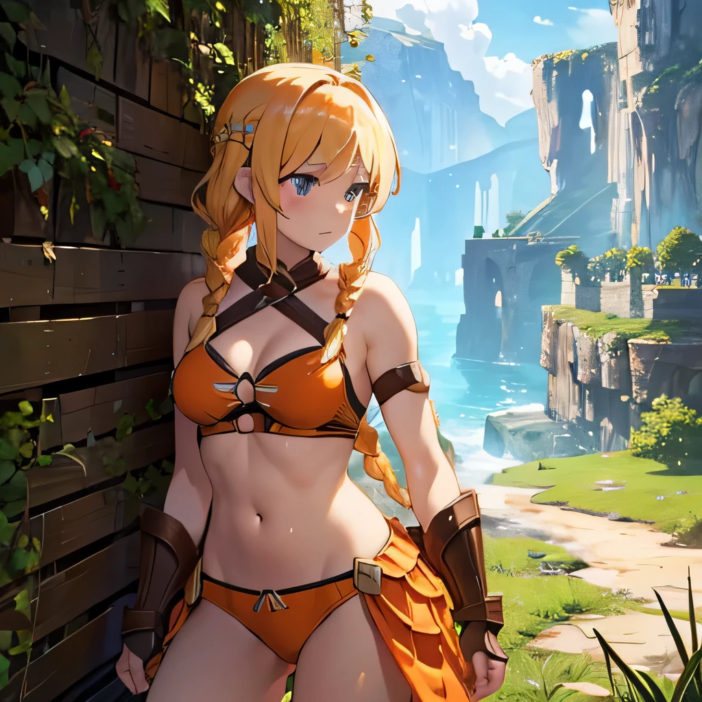 fantasy, orange bikini armor, middle-length blonde hair, left braids, brawler, farmer, applejack