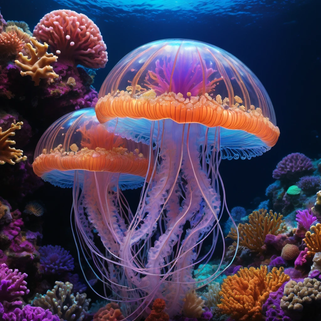 luminous object, aesthetic, extremely detailed, "PATCHWORK EMBROIDERY": UV BLACK LIGHT LINE ART PAINTING OF A BEAUTIFUL TRANSLUCENT JELLYFISH under the sea, marine fishe, colorful corals, by WETA FX and industrial light and magic, intricate elaborate RTX enhanced CGI render inspired by yayoi Kusama, pastel, intricate details, HDR, beautifully shot, hyperrealistic, sharp focus,  megapixels, perfect composition, high contrast, cinematic, atmospheric, moody