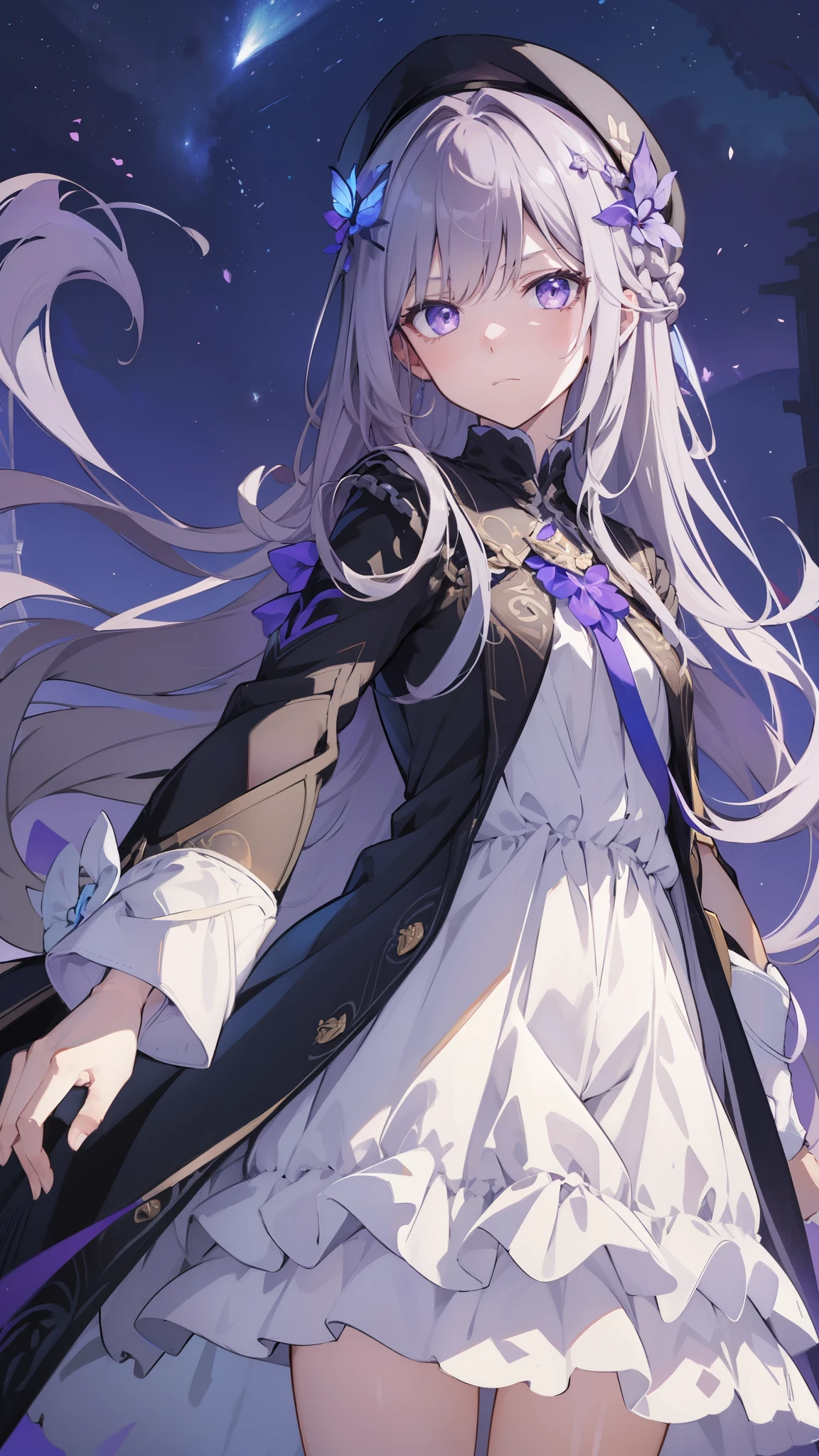 (best quality:1.3), (masterpiece:1.3), (illustration:1.3), (ultra-detailed:1.3), 1girl, solo, very young, flat chest, purple eyes, white hair, long hair, white dress, black coat, black beret, serious expression, angry expression, looking at viewer, purple flower, hair ornament, short, french braid, night sky, glowing purple butterfly,