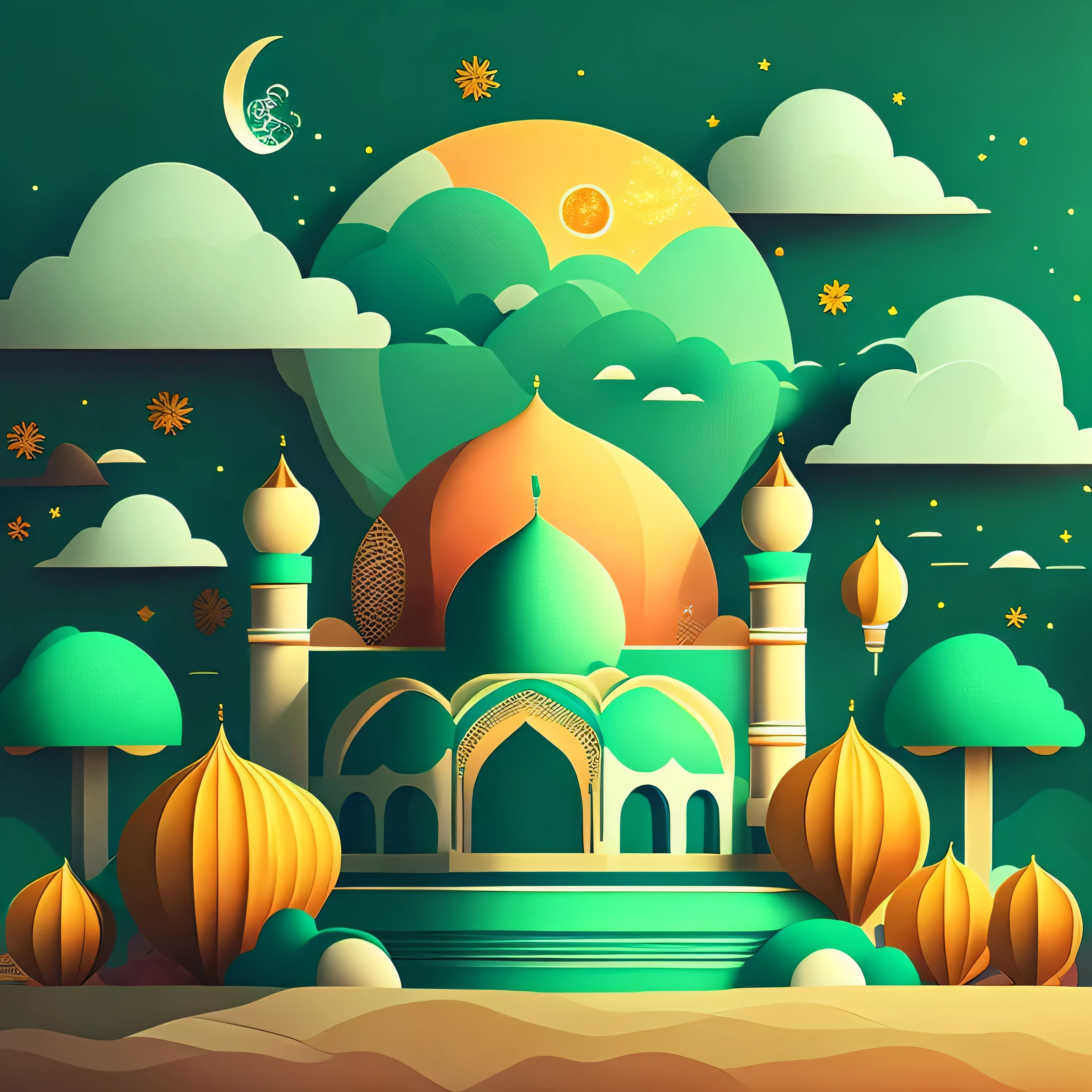 Art commercial illustration,modern mosque, islamic decoration around mosque, Mid-Autumn Festival themed poster。The background a scene of the moon, The center area of the picture centered and typeset, Clouds and details decoration,Poster design,vectorial art,Best quality,8k, green tone, perfect object, with text "Ramadhan Mubarak".