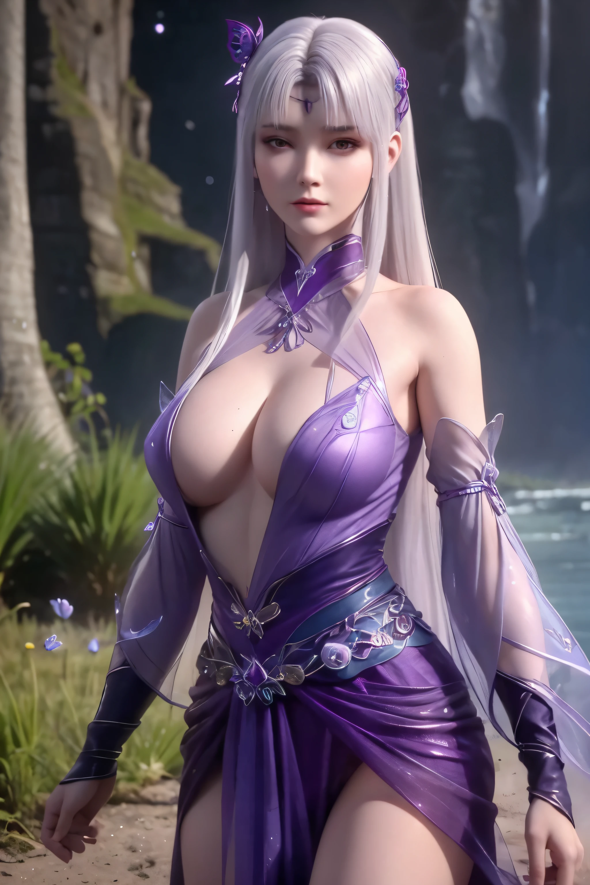 realistic, photorealistic, Masterpiece, absurdres, fine detail, HDR, detailed hand anatomy, highly detailed face and eyes, (8k, best quality, masterpiece:1.2), ultra-detailed, extremely detailed cg 8k wallpaper,fashion,(crystalstexture skin:1.2),(extremely delicate and beautiful),(masterpiece, best quality:1.2),1girl, solo, narrow waist, wide hips, (large breasts:1.2),long hair, (looking at viewer:1.2), natural lighting, fantasy, dreamlike, unreal, science fiction, detail, delicate pattern, charming, alluring, enchanting, hair ornament, fairydoctor, full body, dream, purple butterflies, glowing butterflies, sexy pose, night, (neon butterflies:1.1), purple neon butterflies