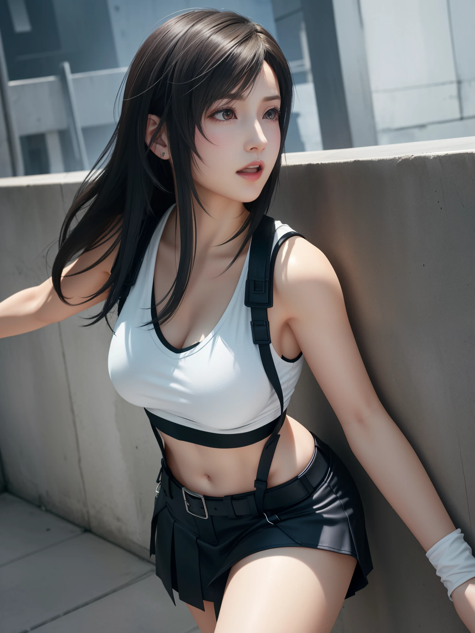 inside a slung area, soft bearing, (8k, best quality, masterpiece:1,2), (realistic, photo-realistic:1,37), top quality, masterpiece, perfect body shape woman with slim abdomen, very short leather pains, beautiful , a beautiful woman, beautiful and tight body, tight clothes, cleavaistic expression, flawless skin and glowing under the soft and dramatic lighting, bare legs, elegant, approaching perfection, dynamic, highly detailed, stunningly beautiful, detailed hairstyle,