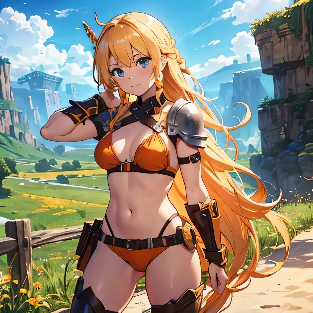 fantasy, orange bikini armor, middle-length blonde hair, left braids, brawler, farmer, applejack