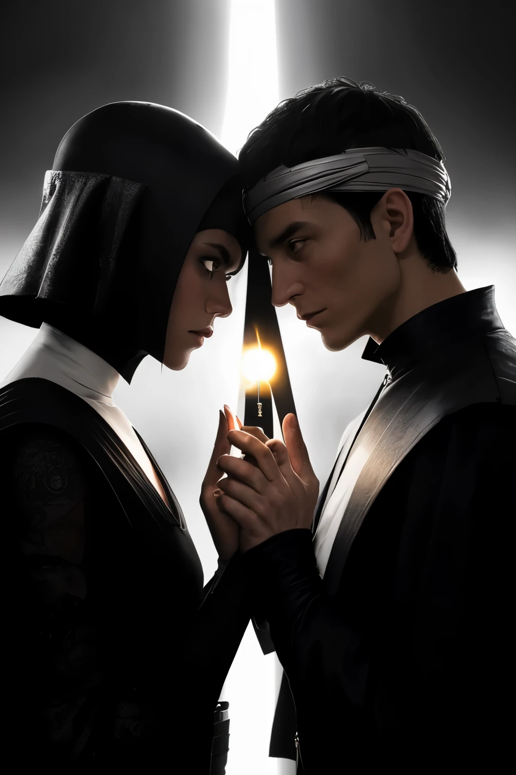 a person in a duality in a divided scenario as good and evil with a dark side and a light side