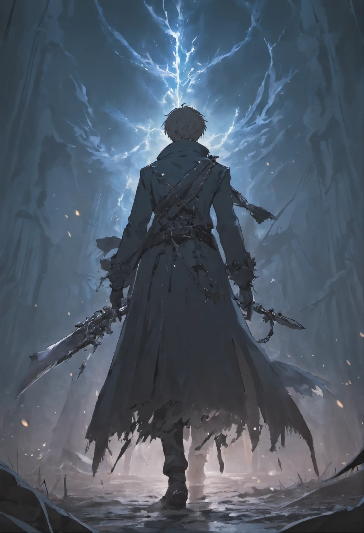 Bloodborne character in a dark fantasy landscape at night with white blood flowing from his wounds 