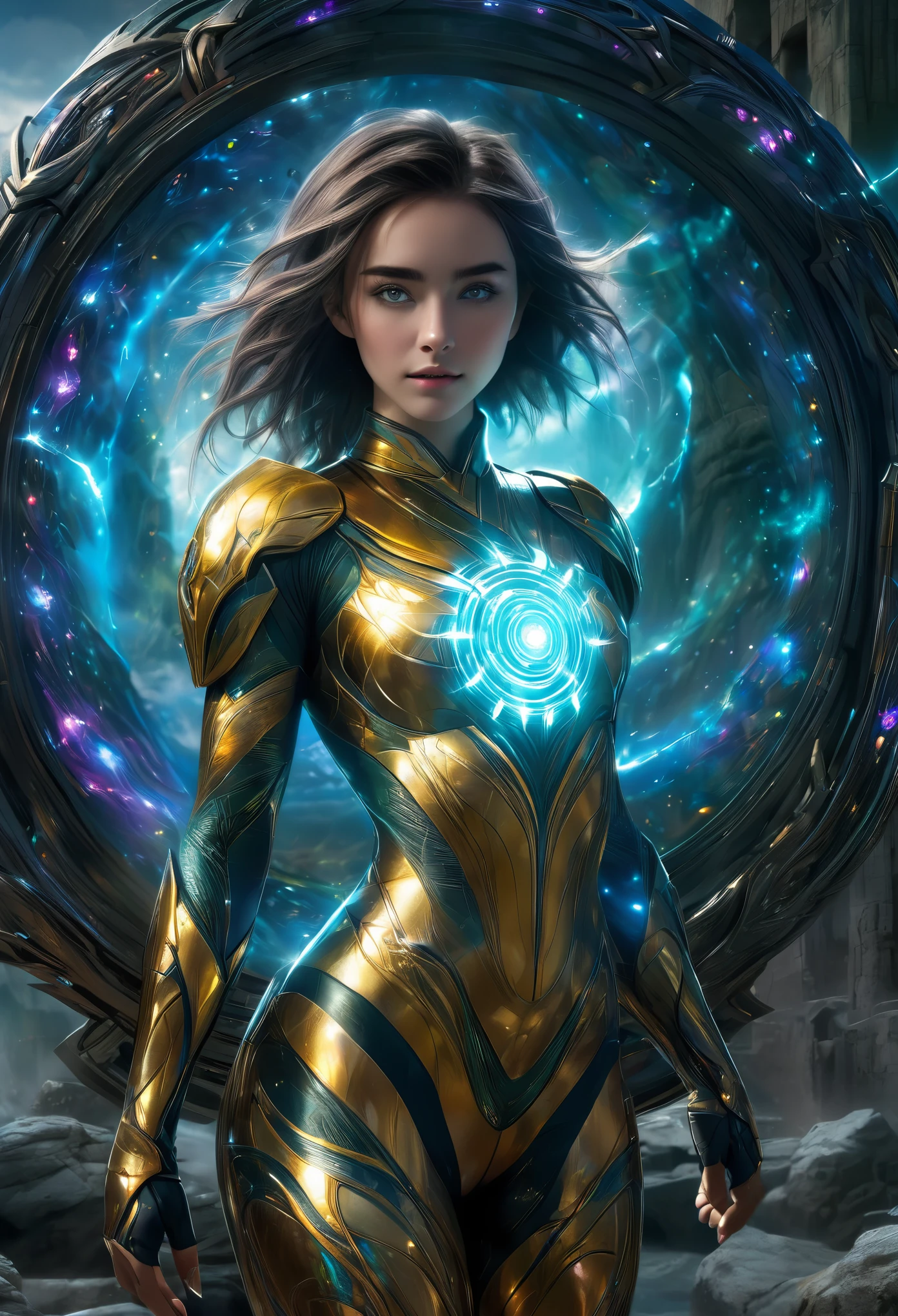 (1 beautiful teenage Italian-Japanese girl),(wears iridescent bodysuit with beautiful fractal or marble design:1.5),(She wears gauntlets with a detailed and very beautiful design decorated with jewels:1.6), dynamic posing, ((She is showing her armpits:1.6)), incredibly spectacular scene, ((high quality)), ((fantasy)), blue plasma brain, green plasma body, obscene, average, (despicable:1.2), (immoral:1.2), (Small breasts with beautifully raised pink areolas:1.5), (expression of ecstasy:1.2), hyper realistic photo, official art, Unity 8K Wallpaper, 8K portrait, high quality, very high resolution, (incredibly beautiful nature background:1.6), (18-year-old:1.5), (sexy and glamorous:1.1), (coquettish expression:1.6), (smile seductively:1.6), (erotic pose:1.9), (model pose:1.8), beautiful seductive face, portrait, (thick eyebrows:1.4), Beautiful eyes with high bilateral symmetry, (highly detailed eyes:1.4),(highly detailed face and eyes:1.7), (High resolution yellow greeneyes:1.8),  (Super detailed skin texture:1.4), super detailed pale skin, perfect anatomy, thin, (Beautiful muscular toned body:1.6), highly detailed platinum hair,  (moist skin:1.2), no makeup, (Bear:1.1), excellent anatomy, Focus plane, good looking, (Emilia clarke:0.1) (Emma watson:0.3),(Jennifer connelly:0.24),  (A delicately crafted necklace is wrapped around her neck), (Bioluminescence with a brilliant glow:1.4), (Shining magic circle:1.5), ruins of an ancient castle, Shining majestic clouds and sky, lightning, spectacular realistic, (Greg latkowski:0.8), (teal and orange:0.4), (art station:1.5), cinematic, (NSFW:1.6), dramatic light, (intricate details:1.1), Focus on fully armored body