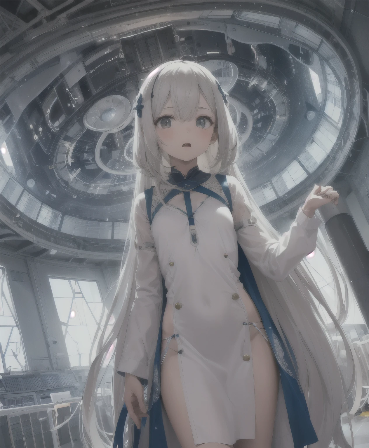 1 velho de cabelo branco curto vestido de cientista, with a surprised expression (1.2), and a large scientific observatory with many large screens in the background