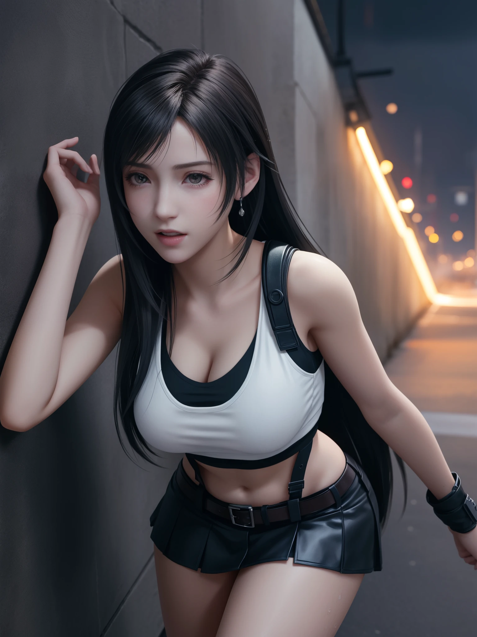 {top quality, masterpiece}, {{{Realistic, photo Realistic}}}, BREAK {{{FF7,Tifa_lockhart,solo}}},{{{A dark, barely lit torture chamber, wet, night}}},(face focus:1.1),  BREAK (((FF7,Tifa_lockhart))),{Light Brown Hair, Large breasts},(Tifa_lockhart uniform:1.3, suspenders, low rise, mini skirt, tank top),  BREAK (((FF7,Tifa_lockhart))),{{{crowd around, monster crowd}}}, wet hair, about 18 years old,sensual, looking away:1.2, monsters attaking:1.3,(Tifa_lockhart,cornered against a wall),(being chased,run away),approaching fear, scream, pain, monsters crowd :1.7, {{{sweat on body, scattering sweat}}}, wet body:1.3