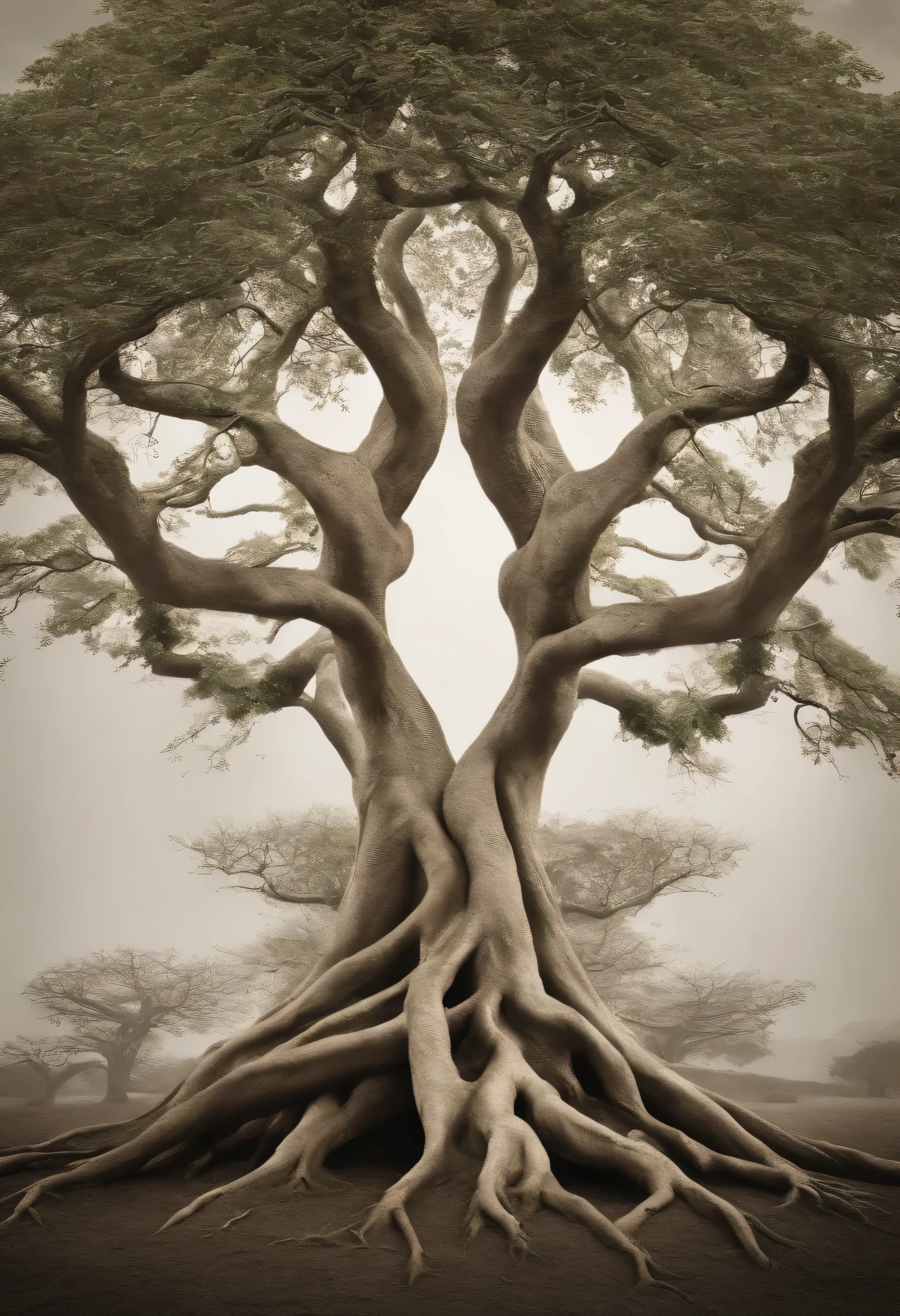 Arbomorph A hug of woman and man turns into a leafy tree, with roots as legs, branches like arms, aLgumas foLhas voam em um fundo branco,L