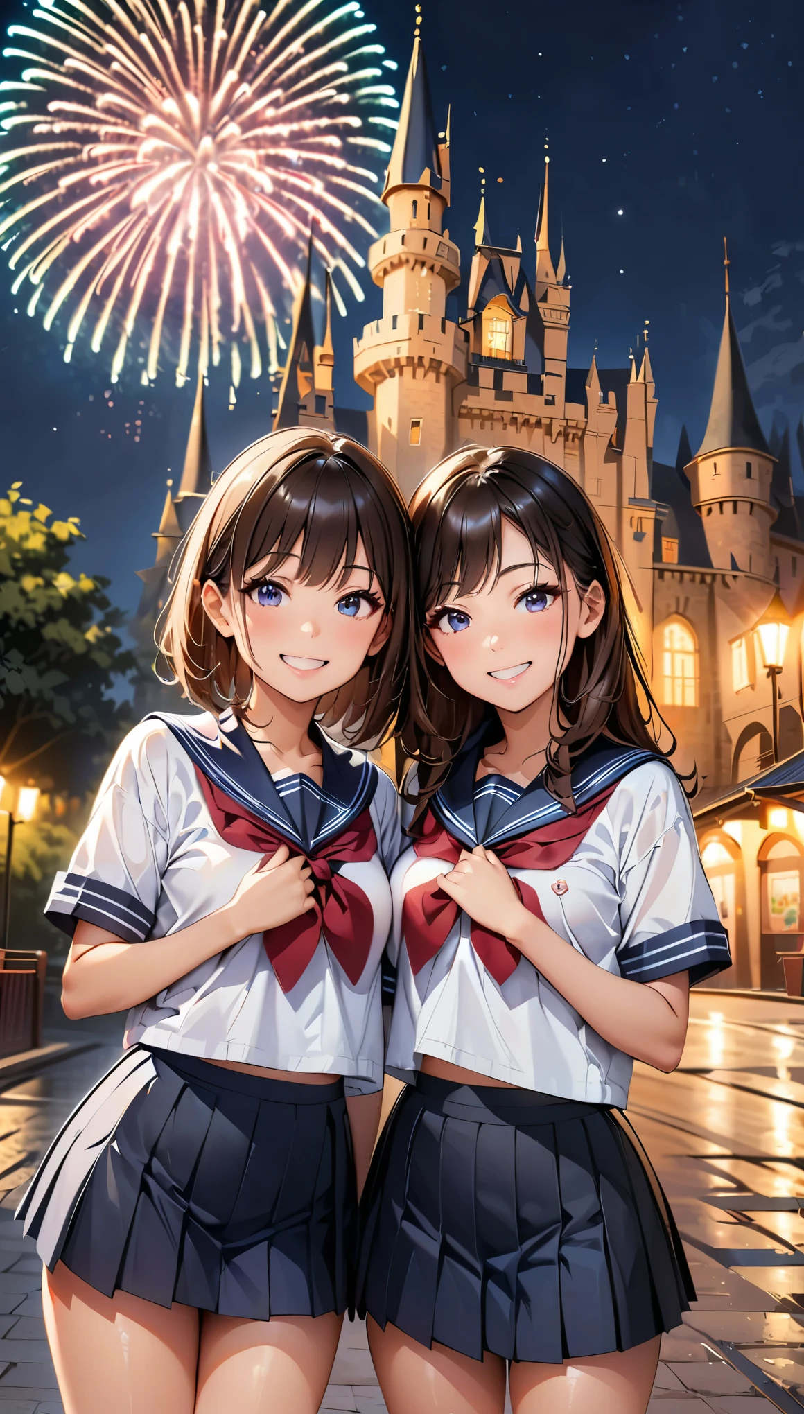 (highest quality, 4k, 8k, High resolution, masterpiece:1.2), Super detailed, (real, photorealistic:1.37), (Theme park scenery), two women, (Super detailedな顔, lip details, detailed eyes), double eyelid, (17 years old, sailor suit, blue pleated skirt, mini skirt), Photographed in front of the castle, ((smile, Low angle shooting:1.2)), night time, Large fireworks, professional lighting, photon mapping, Physically based rendering, shiny skin, (perfect fingers, five fingers, anatomically correct), background bokeh, 135㎜, f/2.8, photo shoot,