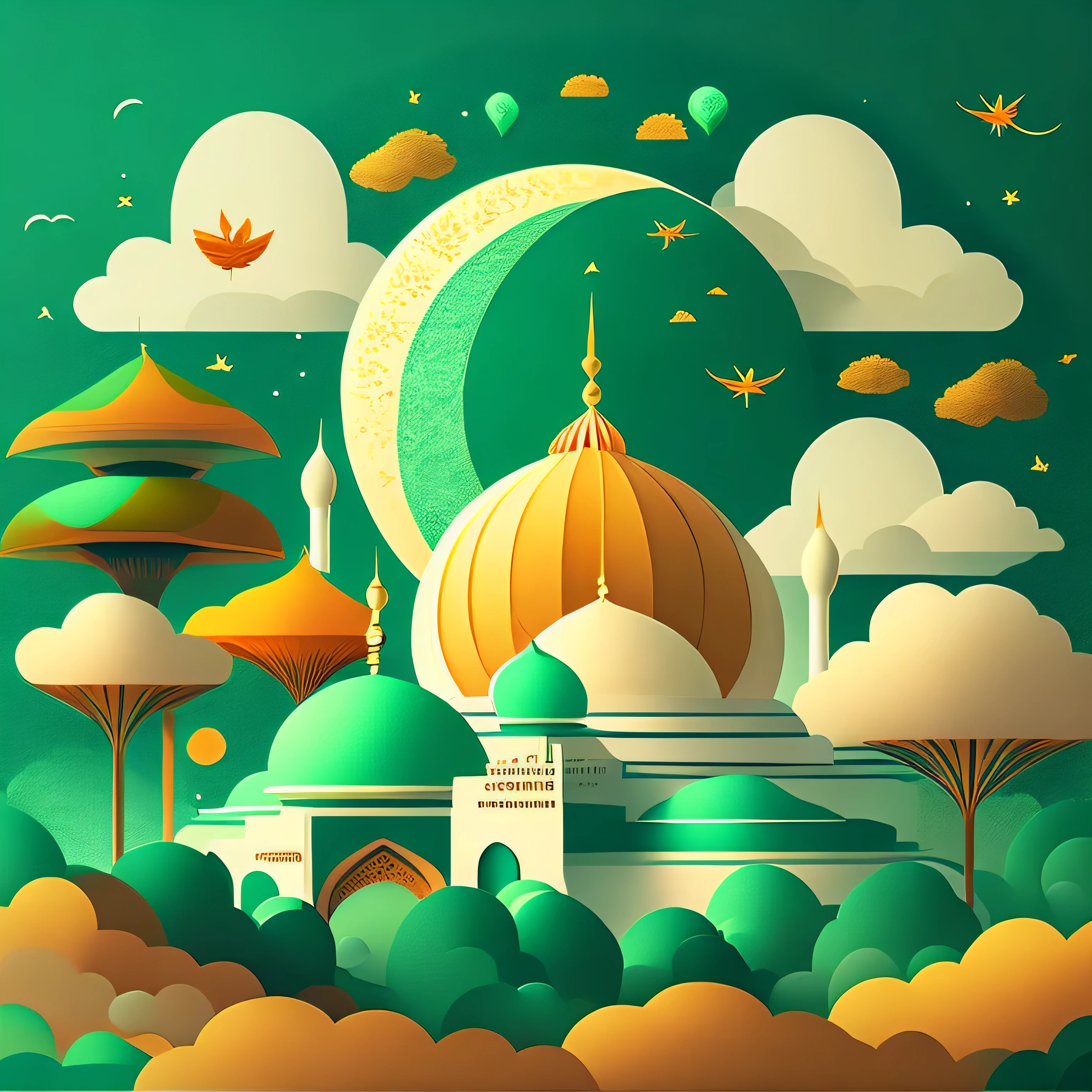 Art commercial illustration，modern mosque, islamic decoration around mosque, Mid-Autumn Festival themed poster。The background  a scene of the moon, The center area of the picture  centered and typeset, Clouds and details decoration，Poster design，vectorial art，Best quality，8k, green tone, perfect object, with text "Ramadhan Mubarak".