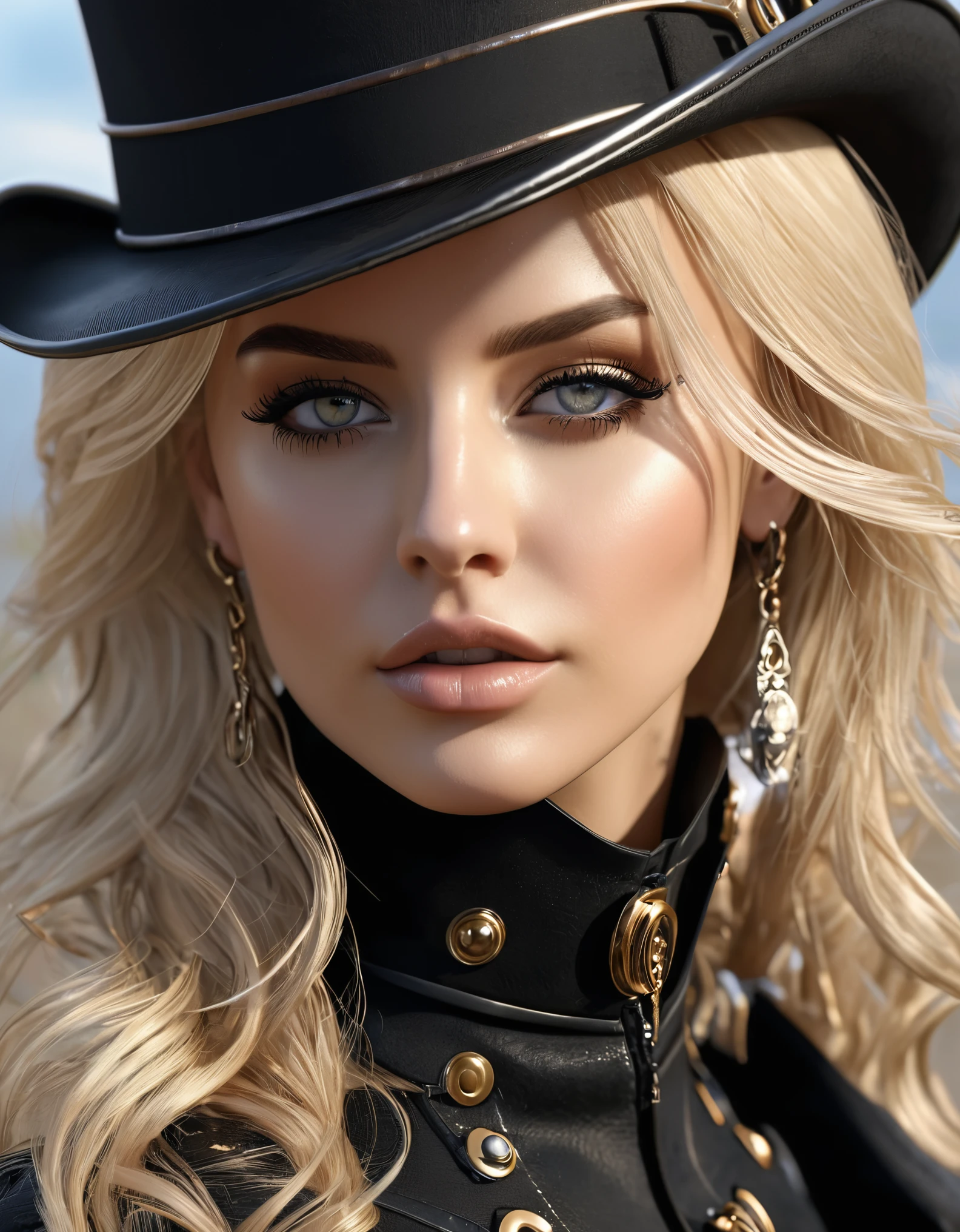 Masterpiece Best Quality, ultra high resolution, 4K detaillierte CG (Adriana Malkova 1.0) strahlende Augen, blondes Haar, Steampunk, with black splitoff Meshdress wearing Boots, nude