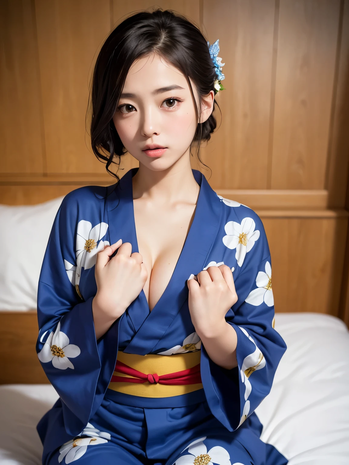 (I'm embarrassed and look down:1.3), (masterpiece:1.3)、Super detailed finish、(High resolution、8k:1.3)、highest quality、professional portrait、professional writing、(beautiful hands、beautiful hands指:1.3)、correct limbs、perfect proportions、(Super realistic like a photo:1.3)、ultra high definition face、Face is in focus、Ultra high definition and beautiful eyes、(focused eyes、eyes that are not too big、Eyes are symmetrical:1.3)、High-definition and beautiful skin、firm skin、natural makeup、gross lip, Ultra high definition hair texture、japanese woman、、very cute, half updo:1.2, medium breast, cleavage, (yukata、small hair ornament:1.3), (bedroom), (sitting on the bed), (very embarrassed:1.3), (blush:1.3), He is looking at the camera with a shy look on his face.:1.2、I have my mouth slightly open、(dynamic pose, Pose with hands on chest:1.3)