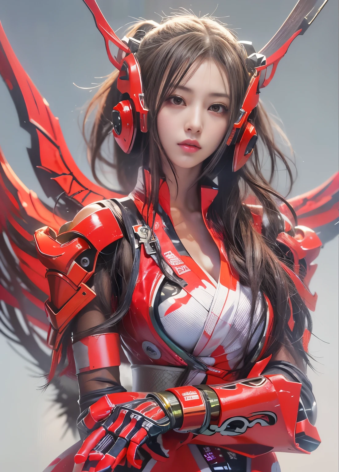 girl 1、highest quality、master piece、超A high resolution、Arad woman in futuristic suit with red mechanical wings and sword, Beautiful woman wearing red mechanical cyber armor, cyberpunk anime girl mecha, Anime robot and organic mixed together, mechanized red valkyrie girl, perfect anime cyborg woman, cute cyborg girl, female mecha, A simple futuristic cyborg, beautiful girl cyborg, beautiful robot character design,((Ultra realistic details))， Realistic character art rendering 8K, anime robot、(red glowing eyes)、have a sword、((Mai Shiranui:1.6))、high ponytail