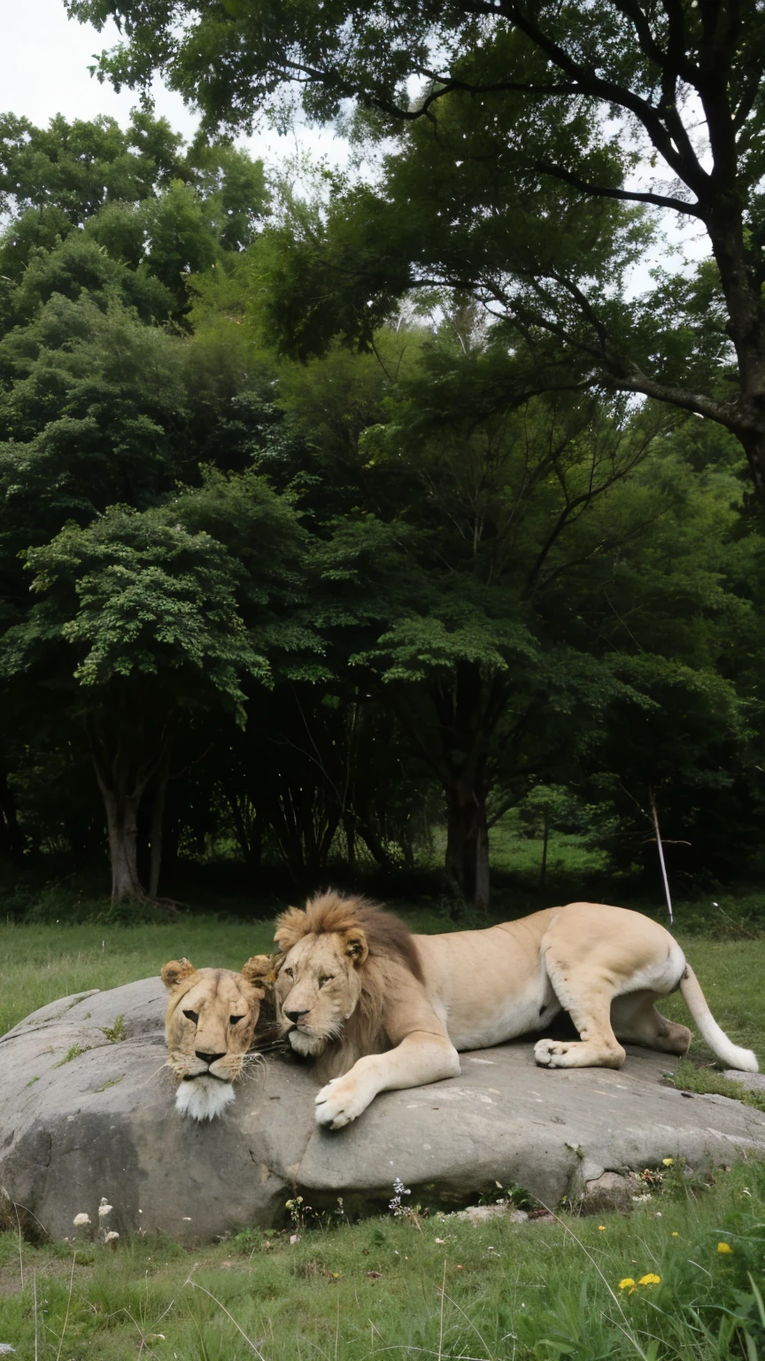 the lions in the pride are lying on rocks in the field near the trees.