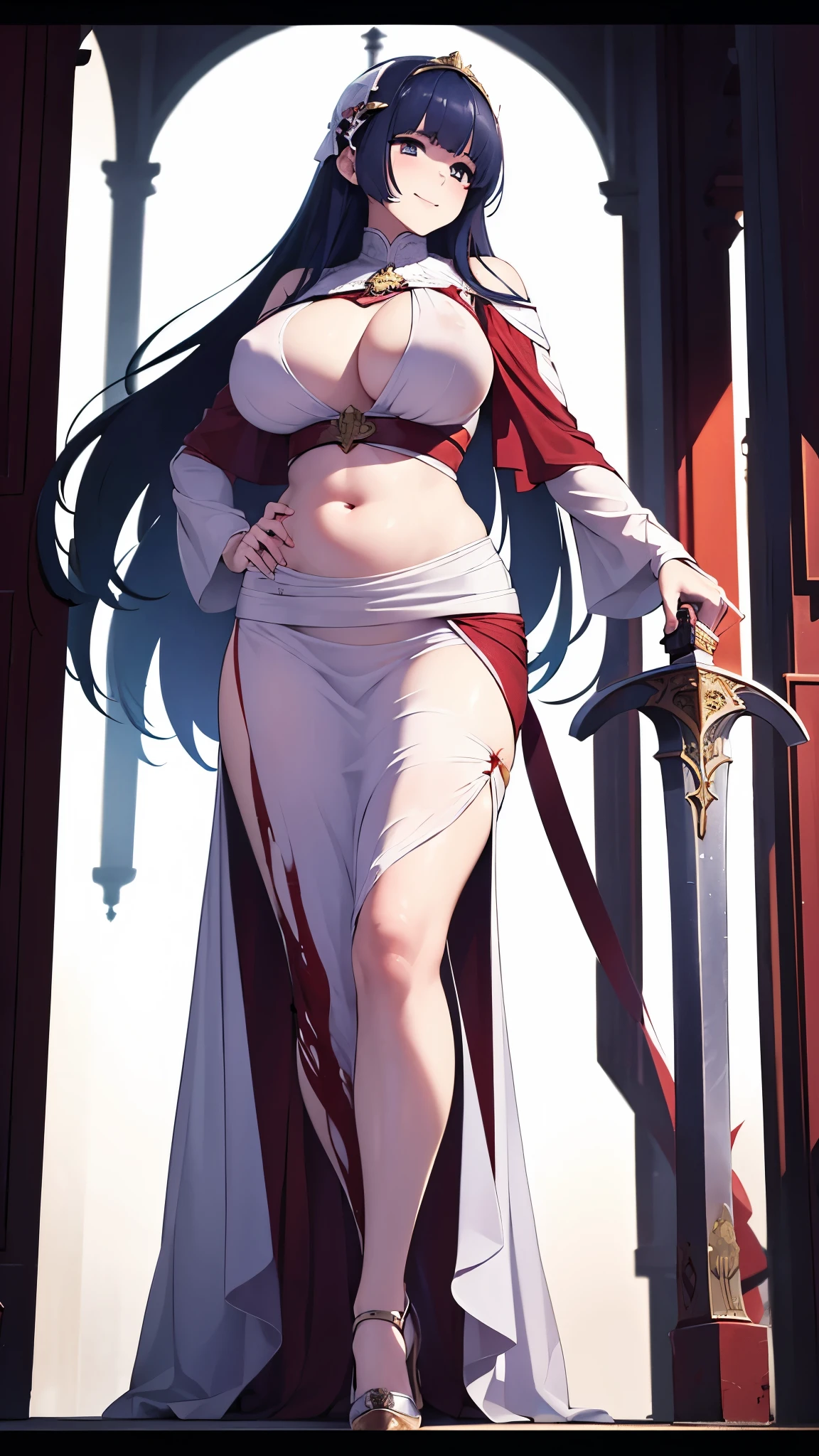 ((masterpiece)), ((best quality)), ((full colored)), beautiful girl, curvy, tall, belly button, big breasts, femdom, slaughter, bloody white dress, Blood on the body, Bloody, Blood on the belly button, Blood on the belly, Blood on the breasts, tall, bloody knife, bloody sword, bloody belly, war, fight, kill, Behead, shot from below, sensual, Blood on the breasts, smile, spattered by much blood, having a big bloody sword, reflecting blood on the whole body, looking down on me, massaging breasts, getting excited sexially, kill everyone, blood splatter, cruel, background with battlefield, cut off head of man, holding a severed head, holding-hands in a helmet of soldier
