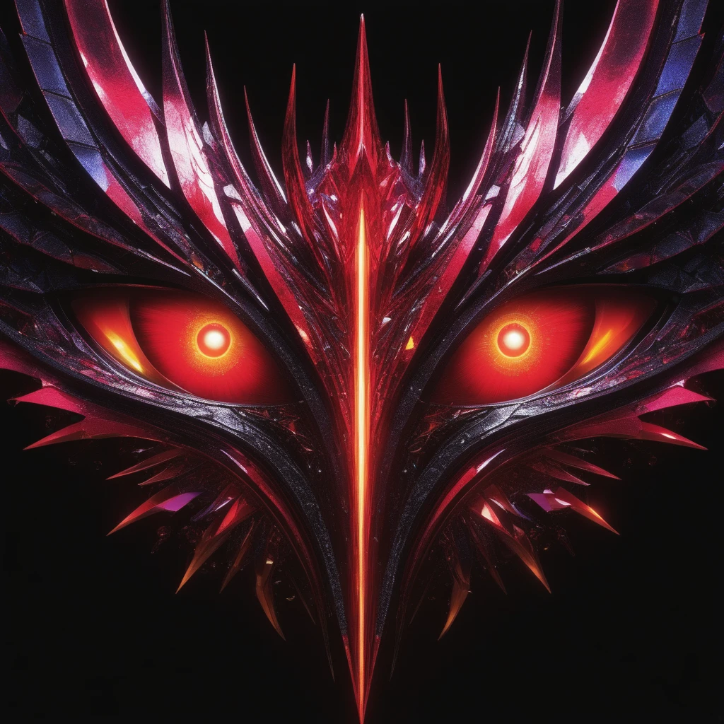 Two massive demonic eyes emit red rays, piercing through the inky blackness of a cavern, surrounded by a surreal broken glass effect, absence of background, mythical creature exuding energy in a molecular dance, featuring textures reminiscent of iridescent and luminescent scales, a presence of divine allure, unforgettable and striking, enhanced with volumetric lighting, radiant auras and rays that cast vividly colored reflections, gear mecha aesthetics, detailed acrylic touches, grunge elements adding intricate complexity. High Resolution, High Quality, Masterpiece. best quality, masterpiece, super detail