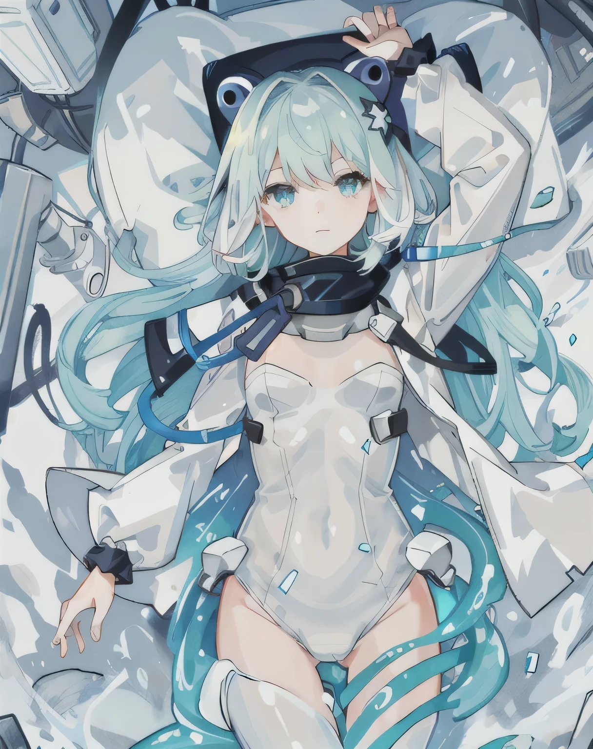 daughter，wear a tentacle suit，white slime，lying on the ground，White stuff flows out from the lower part of the body