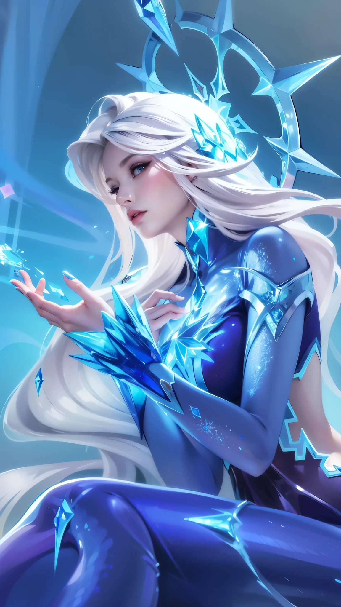 (8k, RAW photo, photorealistic:1.25) , woman - style illustration of a woman dressed in blue sitting on a ledge, ice sorceress, queen of ice and storm, ice mage, crystalline skin, ice queen, ig model | artgerm, ice spell, beautiful celestial mage, beautiful ancient frost witch, extremely detailed artgerm, crystal maiden, elsa, ! dream artgerm, icey