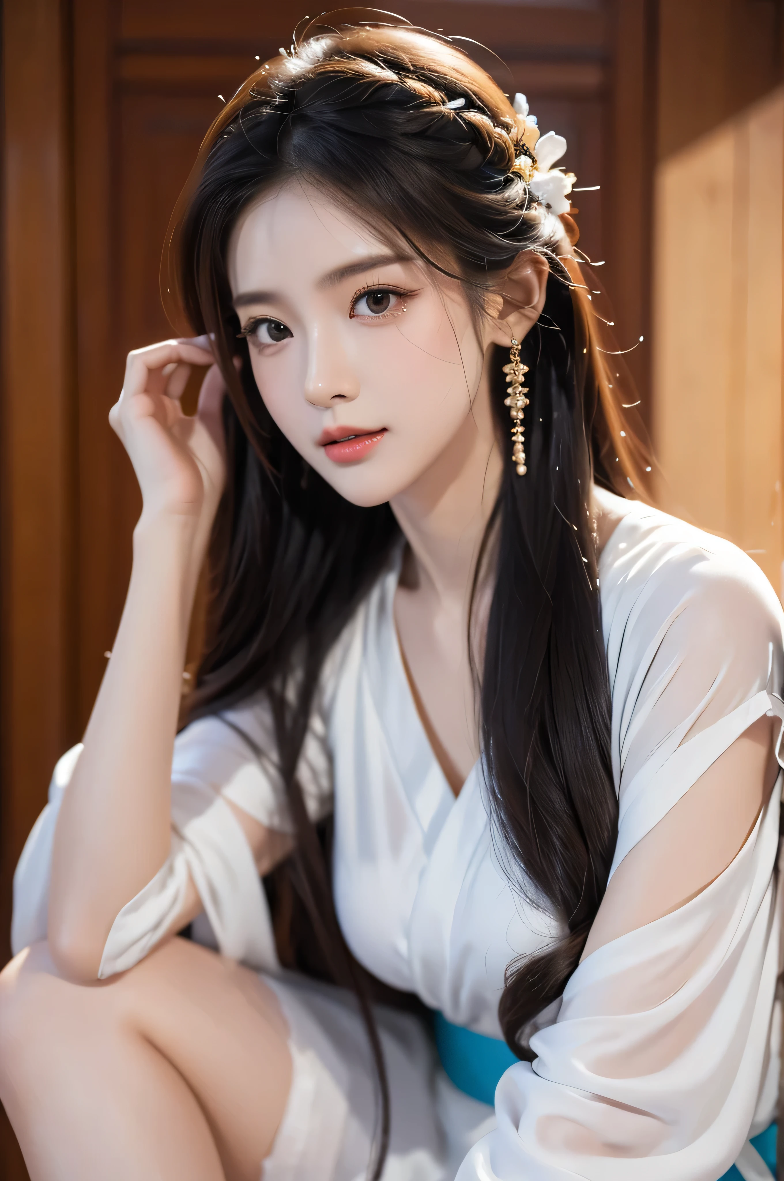 High resolution、1 beauty，Sexy、long hair，Clear hand details，fit、Moist eyes、half-open lips、Fair、feature、Attractions、idle、instigate、beauty、White thick stockings、Shunguang、Shot diagonally from directly below、Accurate drawing、detailed picture、precise anatomy、Simple background，hanfu，