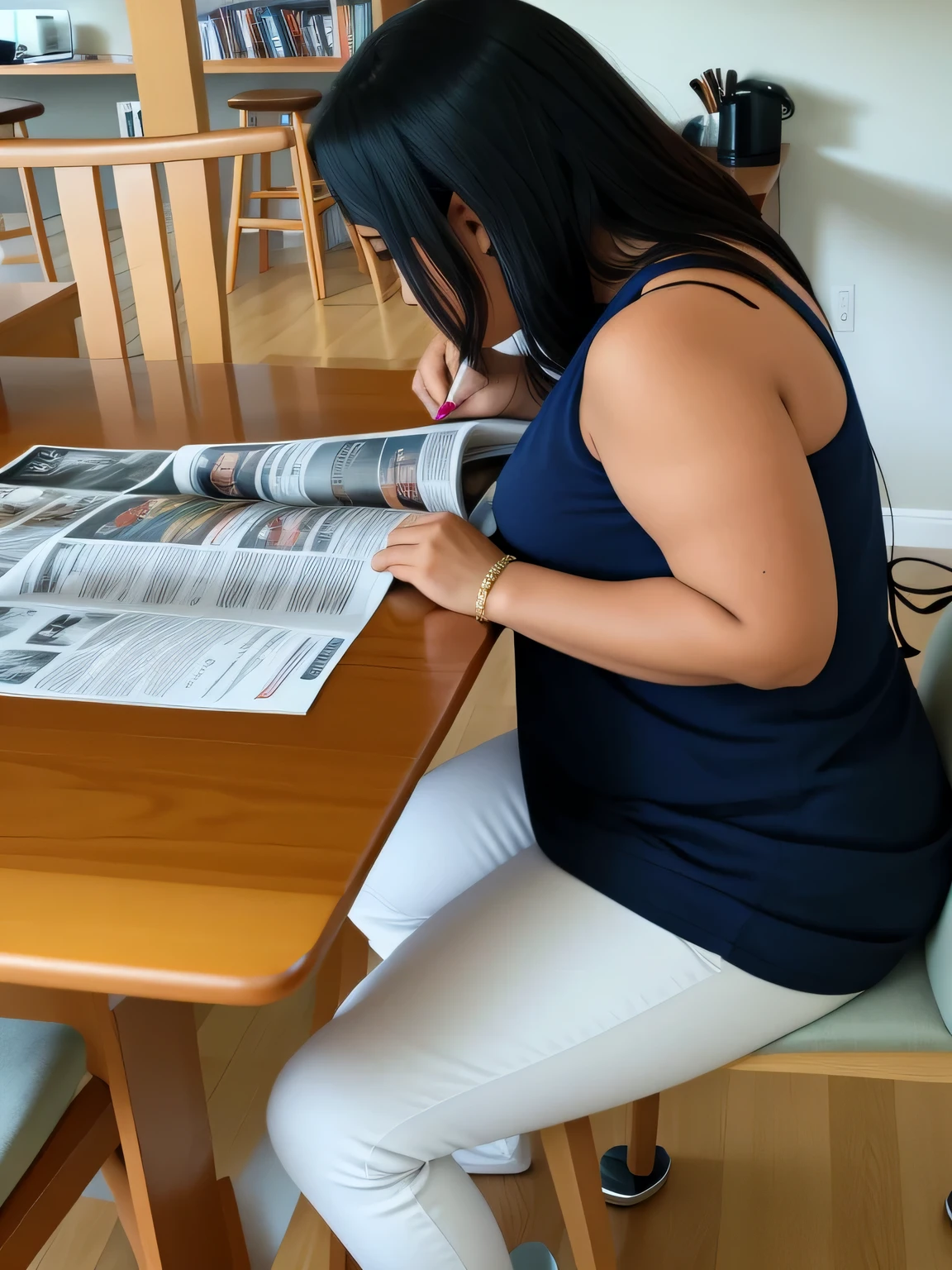 woman sitting at a table reading a newspaper while reading a book, reading the newspaper, reading a newspaper, side shot, on kitchen table, tabloid photo, sitting on a table, newspaper photography, sitting on the table, on a table, newspaper, latina, trying to read, candid shot, leaked photo, over-shoulder shot, high angle shot, looking left