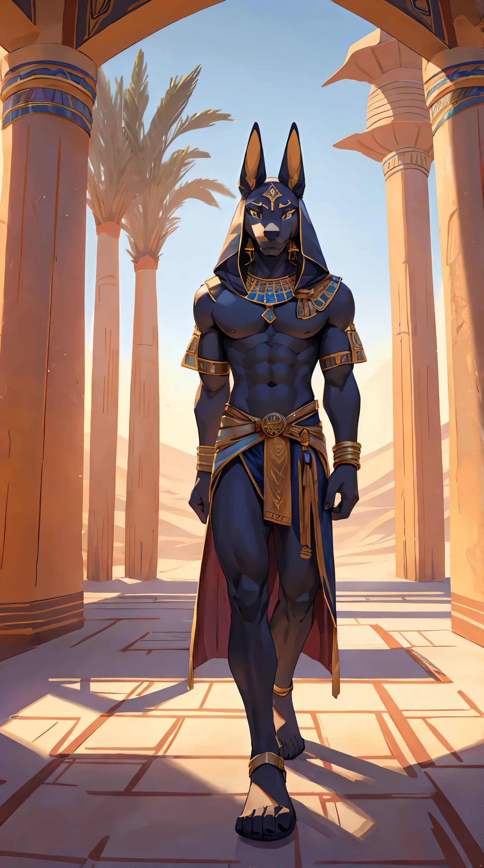 Anubis' hand,male,thin,whole body,front,foot,high quality,Illustration quality,A couple of clothes,bare legs,Desert Palace
