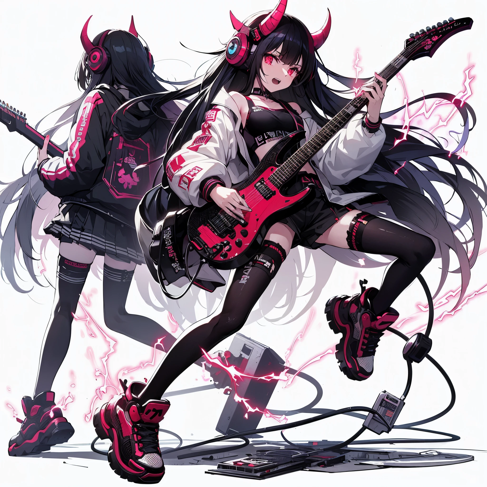 Masterpiece, best quality, ultra-detailed, anime style, full body of cyberpunk artist girl, sporty wear, long black hair, held electric guitar, long horn and pale red skin, clawed and tailed, wearing hi-tec shoes, dancing electricity and notes, 8k high resolution, trending art station, white background, whole body, standing in live house