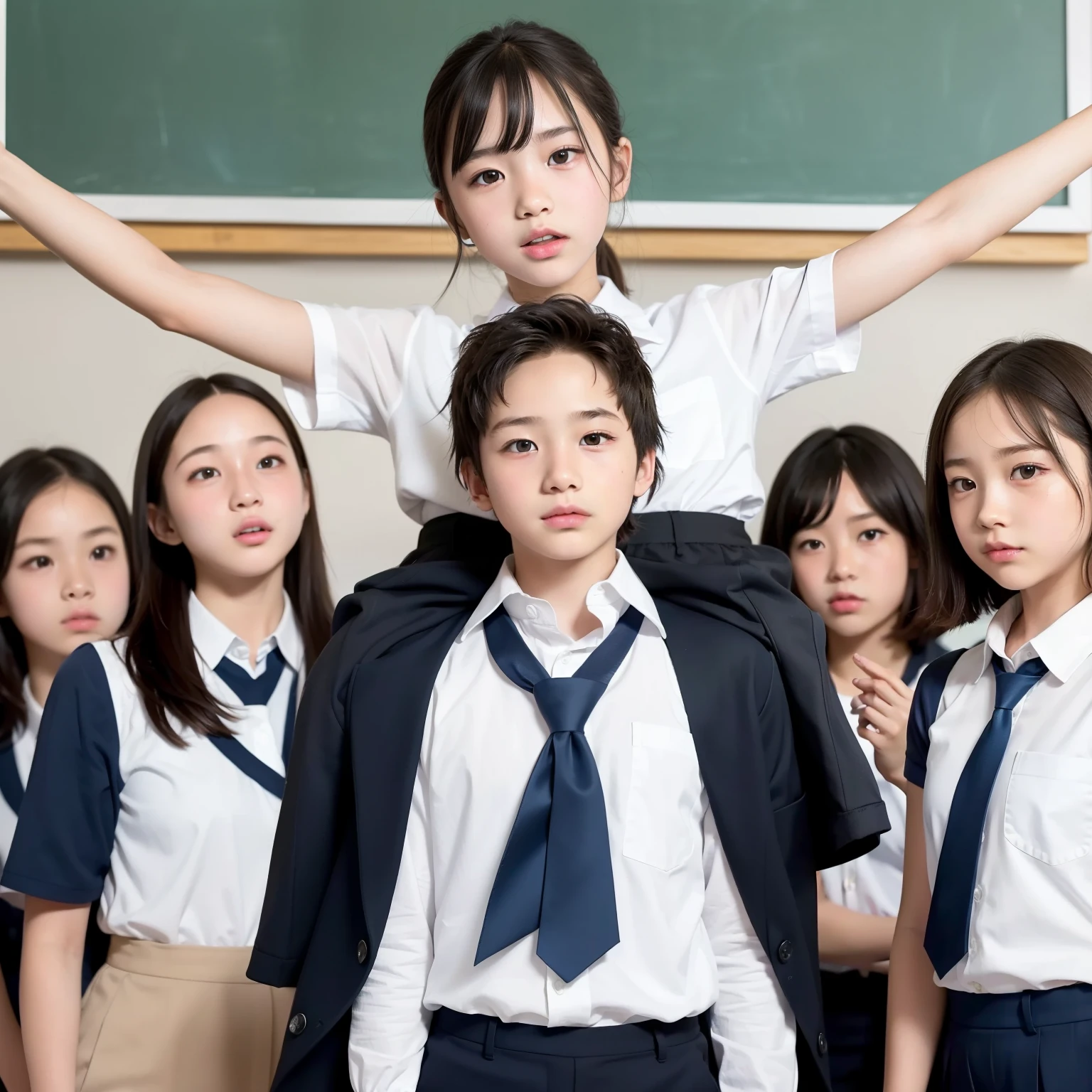 (15 boys and 20 girls still in school), highest quality masterpiece, ultra-high resolution, capturing the essence of adolescence, realistic photorealism: 1.5, bright school uniforms, sharp focus: 1.1, dynamic pose, vibrant and colorful background, blended harmony of youth and maturity, expressing the innocence and excitement of growing up.