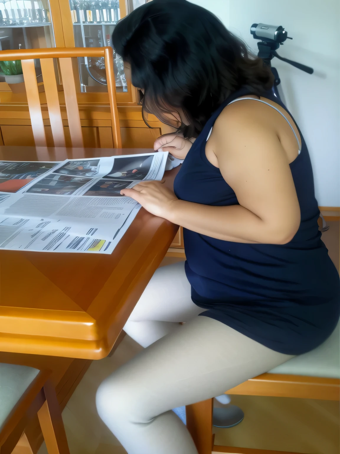 woman sitting at a table reading a newspaper while reading a book, reading the newspaper, reading a newspaper, side shot, on kitchen table, tabloid photo, sitting on a table, newspaper photography, sitting on the table, on a table, newspaper, latina, trying to read, candid shot, leaked photo, over-shoulder shot, high angle shot, looking left