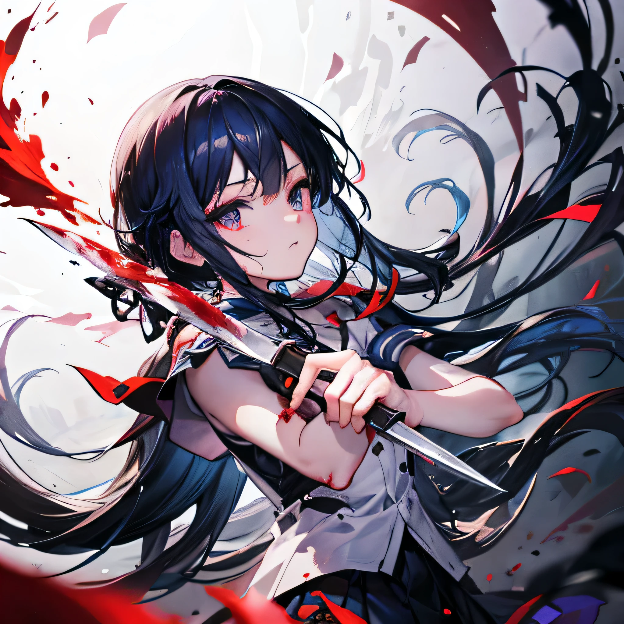 Anime girl with bloody hands holding knife and knife, sick, gapmoe sick, Clean and detailed anime art, Splash art anime , guweiz, night nucleus, gapmoe sick grimdark, bloody scene, sick intricate, 4k comic wallpaper, guys, Gurwitz style artwork