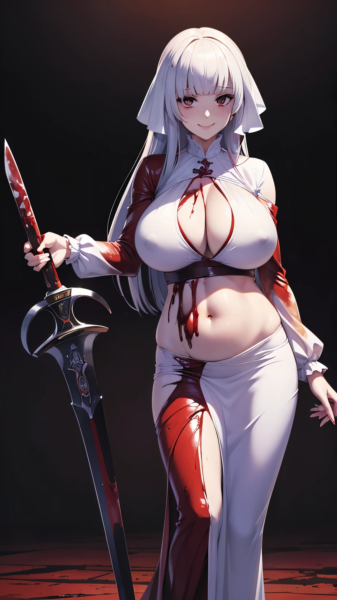 ((masterpiece)), ((best quality)), ((grotesque and splatter)), beautiful girl, curvy, tall, belly button, big breasts, femdom, slaughter, bloody white dress, Blood on the body, Bloody, Blood on the belly button, Blood on the belly, Blood on the breasts, tall, bloody knife, bloody sword, bloody belly, war, fight, kill, Behead, shot from below, sensual, Blood on the breasts, smile, spattered by much blood, having a big bloody sword, reflecting blood on the whole body, looking down on me, massaging breasts, getting excited sexially, kill everyone, blood splatter, cruel, background with battlefield, cut off head of man, holding a severed head, holding-hands in a helmet of soldier 
