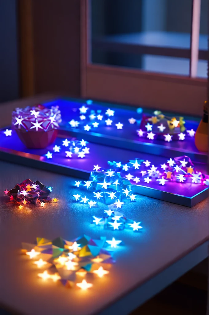 ((perfectly formed luminous glass stars, on a table in a children's room, various colors: 1.4)), at night: 1.3, ((perfect, Meticulously detailed, flawless, film-like, cinematic: 1.5), ((Masterpiece) ), (Hyper Detailed: 1.3), (Photorealistic: 1.4), Epic, Night: 1.3, Dark: 1.3, 32k.