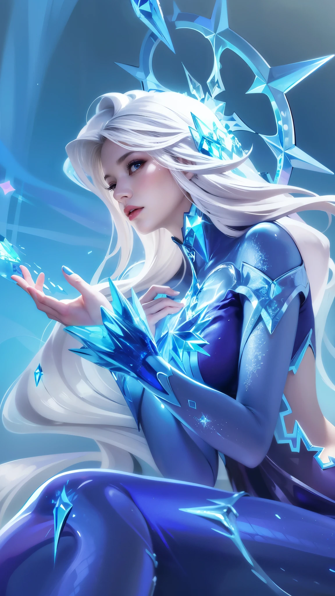 (8k, RAW photo, photorealistic:1.25) , woman - style illustration of a woman dressed in blue sitting on a ledge, ice sorceress, queen of ice and storm, ice mage, crystalline skin, ice queen, ig model | artgerm, ice spell, beautiful celestial mage, beautiful ancient frost witch, extremely detailed artgerm, crystal maiden, elsa, ! dream artgerm, icey
