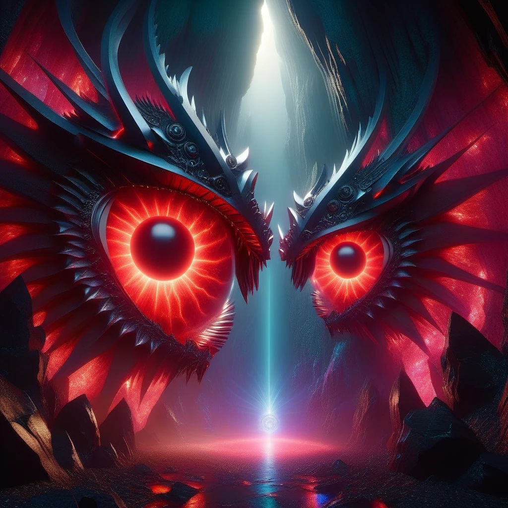 Two massive demonic eyes emit red rays, piercing through the inky blackness of a cavern, surrounded by a surreal broken glass effect, absence of background, mythical creature exuding energy in a molecular dance, featuring textures reminiscent of iridescent and luminescent scales, a presence of divine allure, unforgettable and striking, enhanced with volumetric lighting, radiant auras and rays that cast vividly colored reflections, gear mecha aesthetics, detailed acrylic touches, grunge elements adding intricate complexity. High Resolution, High Quality, Masterpiece. best quality, masterpiece, super detail