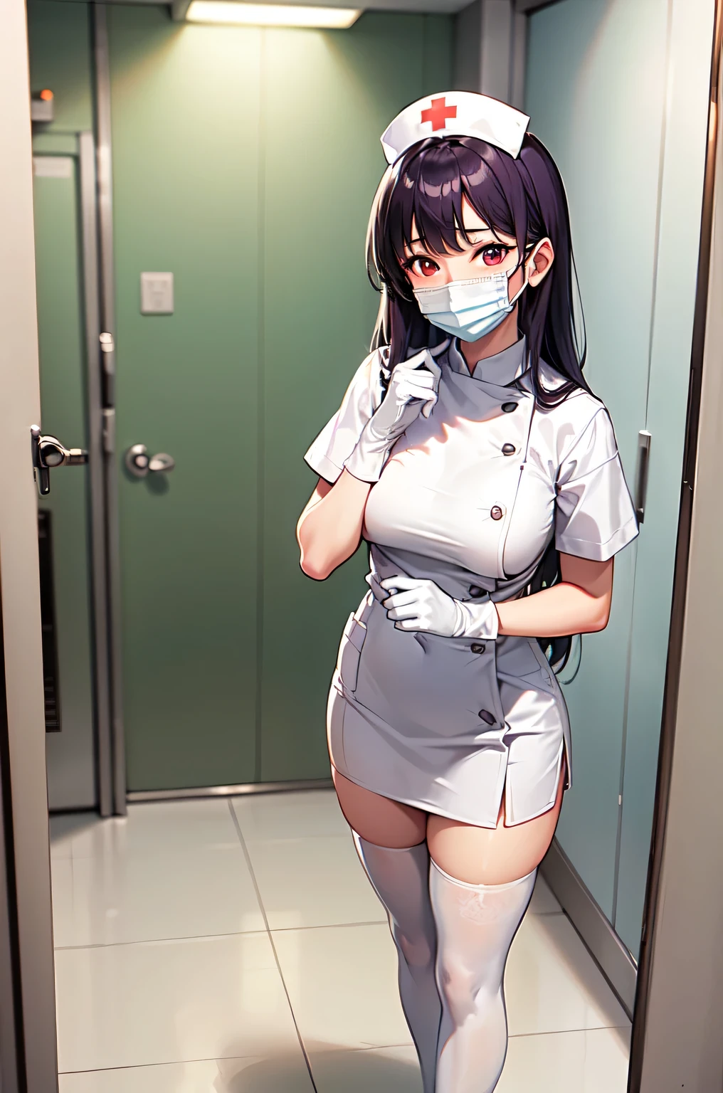 1woman, solo, nurse, white nurse cap, white nurse uniform, ((white legwear, zettai ryouiki)), white gloves, long hair, purple hair, red eyes, ((white surgical mask, covered nose)), standing, ((hospital room)), sharp outline, short sleeves, mature female, 35 years old, best quality, masterpiece