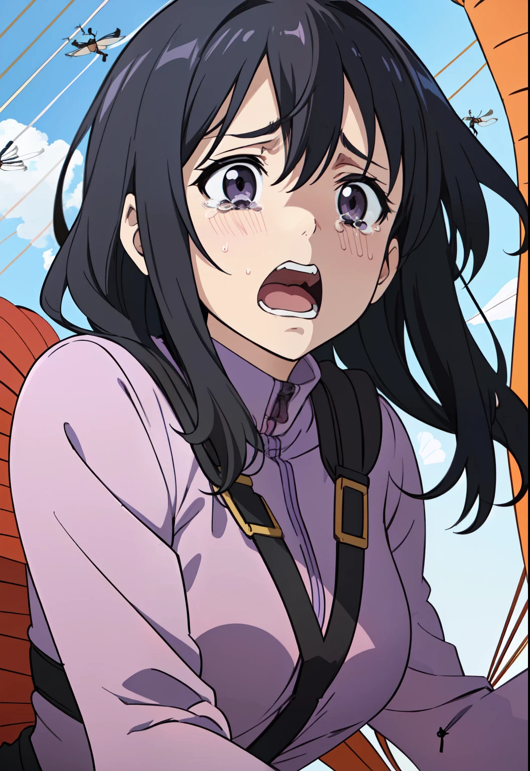 ((anime)) ,(((young woman))), (masterpiece:1.2), Best quality, A high resolution, unity 8k wallpaper, (illustration:1.2), (very detailed face), (perfect hands), (Ideal Anatomy), (((Girl with black hair))), (((gray violet eyes))), (((Flies by parachute:1.2))), (((very scared face))), (((screams and cries in fear))), ((Gloomy sky)), ((extended her hand forward)), (trying to catch something)