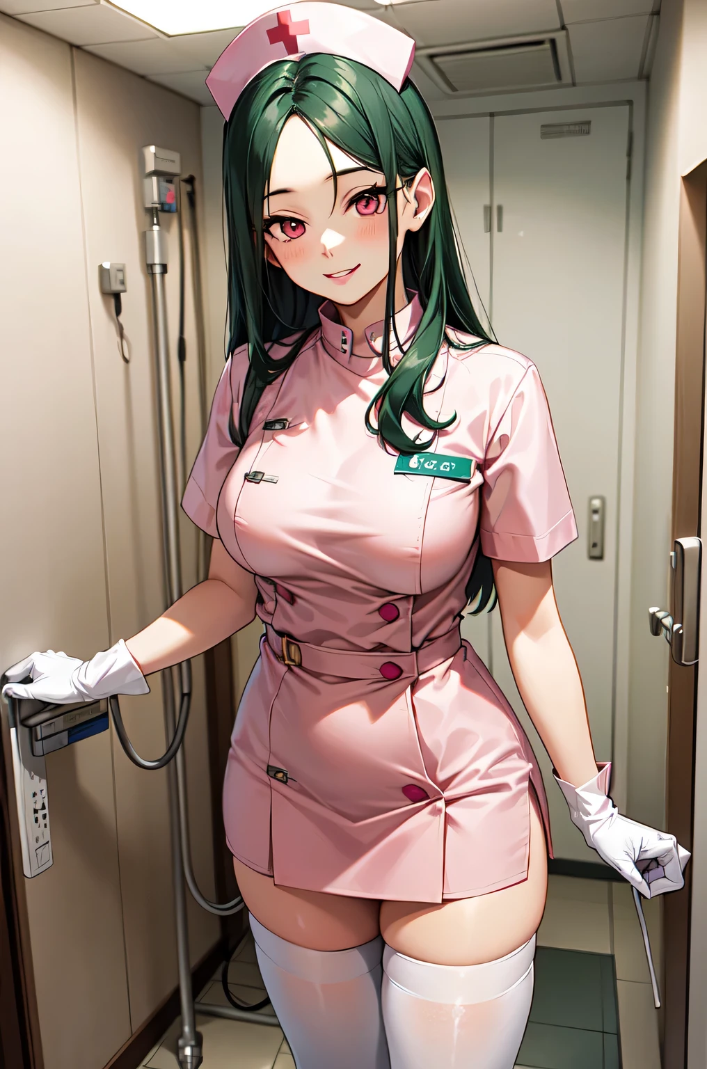 1woman, solo, nurse, white nurse cap, white nurse uniform, ((white legwear, zettai ryouiki)), white gloves, forehead, long hair, green hair, pink eyes, pink lips, smile, standing, ((hospital room)), sharp outline, short sleeves, female, 35 years old, best quality, masterpiece