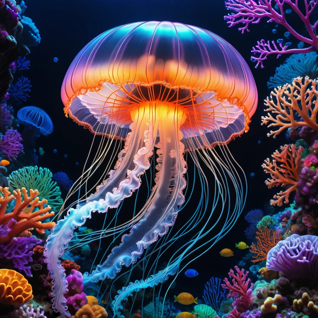 luminous object, aesthetic, extremely detailed, "PATCHWORK EMBROIDERY": UV BLACK LIGHT LINE ART PAINTING OF A BEAUTIFUL TRANSLUCENT JELLYFISH under the sea, marine fishe, colorful corals, by WETA FX and industrial light and magic, intricate elaborate RTX enhanced CGI render inspired by yayoi Kusama, pastel, intricate details, HDR, beautifully shot, hyperrealistic, sharp focus,  megapixels, perfect composition, high contrast, cinematic, atmospheric, moody