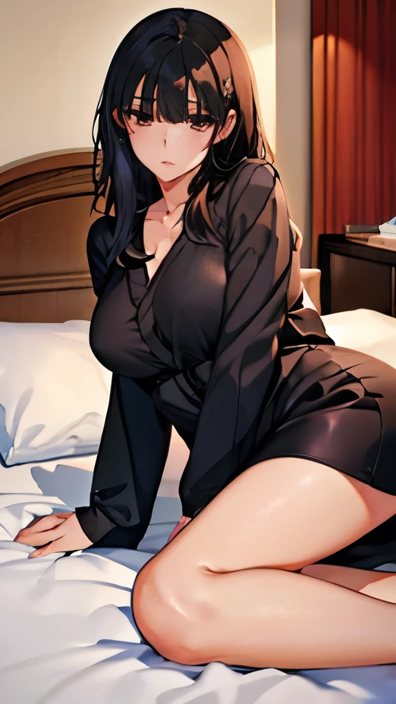 calidad superior, Obra maestra, Ultra high resolution, Manhwa type illustration of a Korean girl with black hair., ojos negros, acostado en una cama y solo usando ropa interior roja. Tetas grandes
