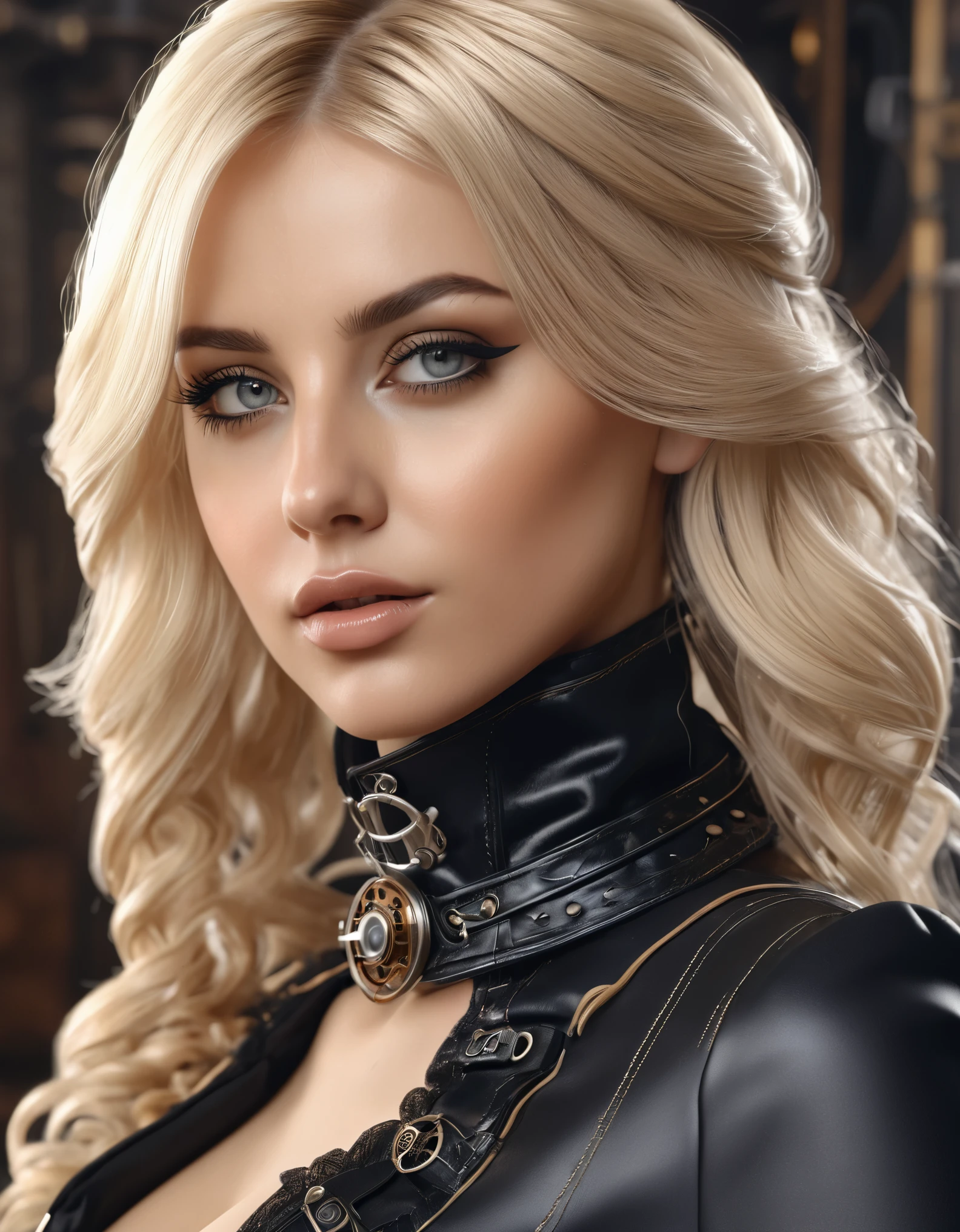 Masterpiece Best Quality, ultra high resolution, 4K detaillierte CG (Adriana Malkova 1.0) strahlende Augen, blondes Haar, Steampunk, with black splitoff Meshdress wearing Boots, nude